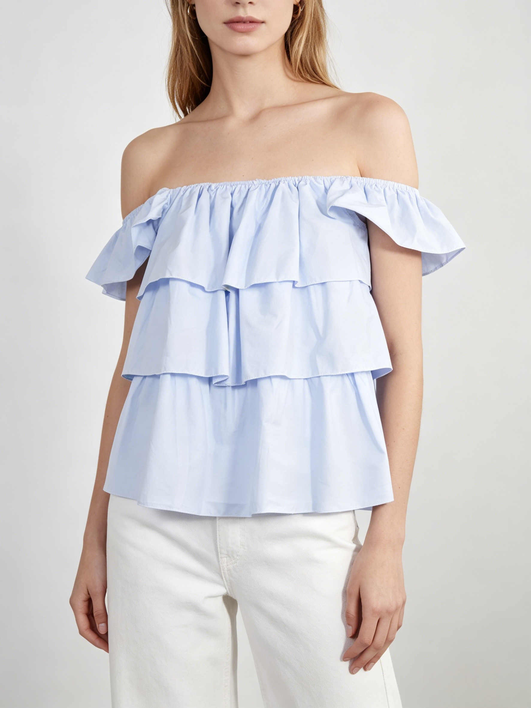Top mujer volantes escote bardot hombros descubiertos sin mangas blusa corta fluida estilo boho romántico verano, top casual chic holgado outfit femenino moda tendencia