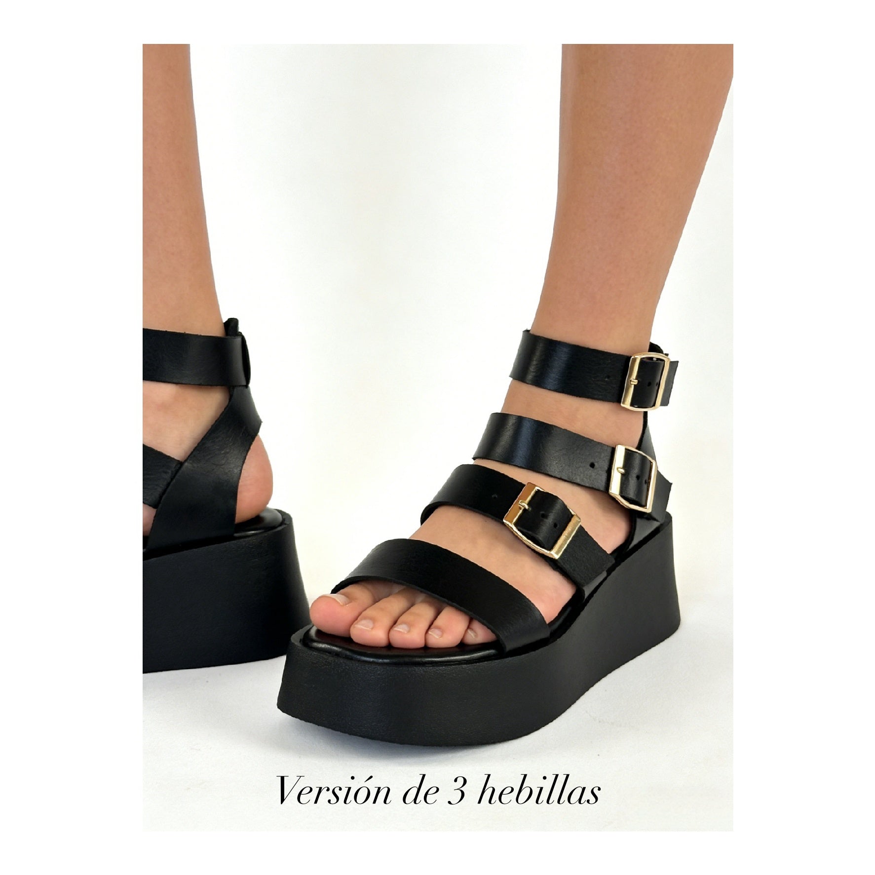 Sandalias Romanas con Plataforma alta para mujer en negro con tiras múltiples y hebillas metálicas, zapatos abiertos cómodos estilo casual urbano