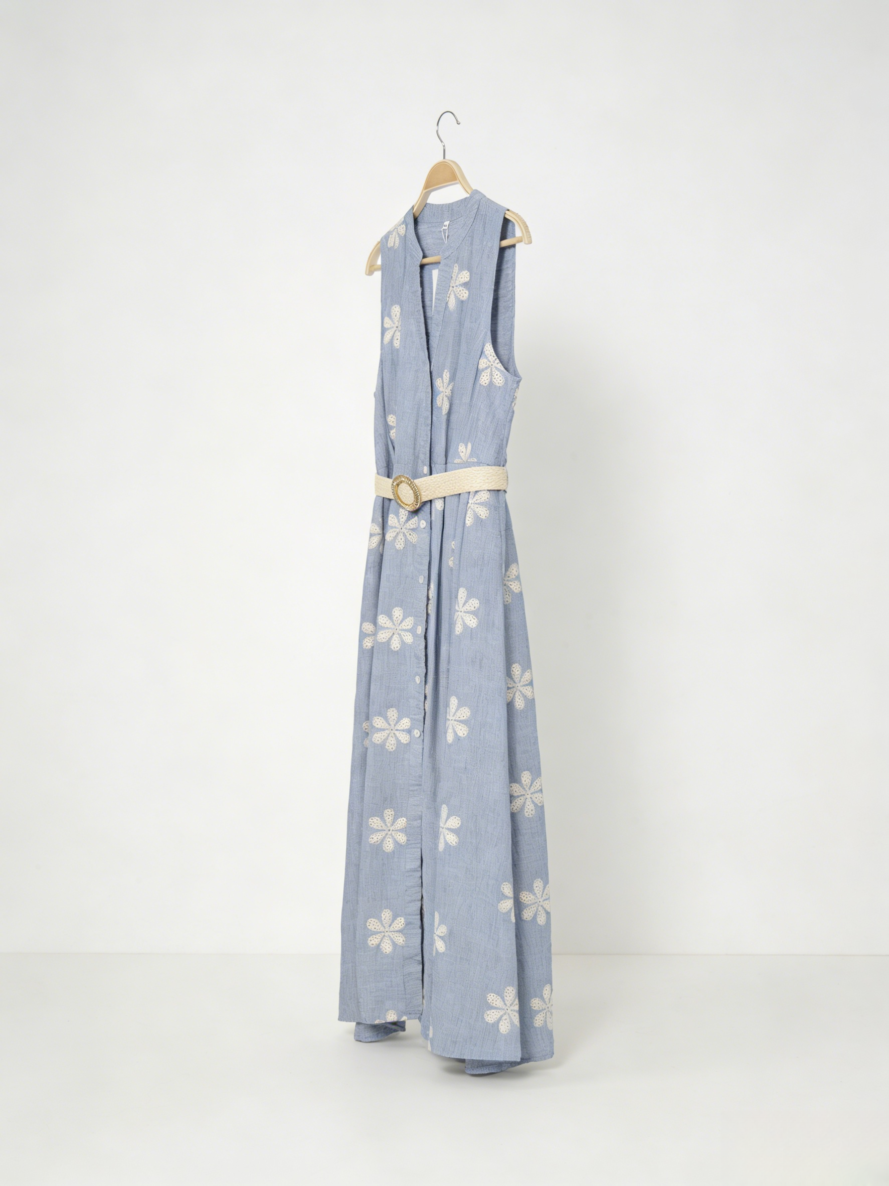 Vestido midi mujer lino bordado floral sin mangas con cinturón escote en V, vestido camisero fluido elegante casual chic estilo boho minimalista verano outfit femenino