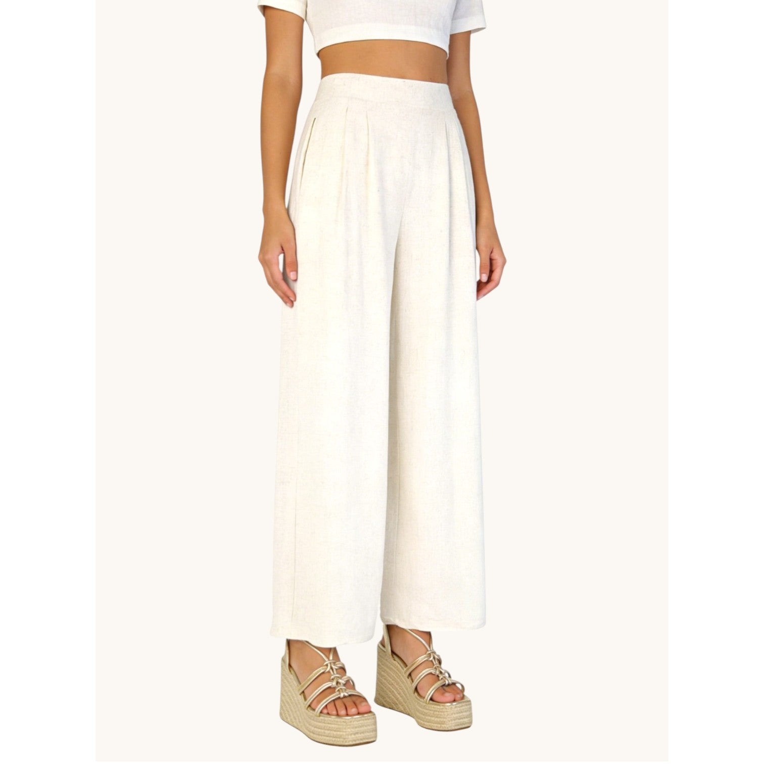 Pantalón Lino Beige Mujer - palazzo mujer lino beige tiro alto corte recto ancho elegante, pantalón fluido casual chic minimalista, trousers verano holgado cómodo outfit classy old money tendencia moda femenina