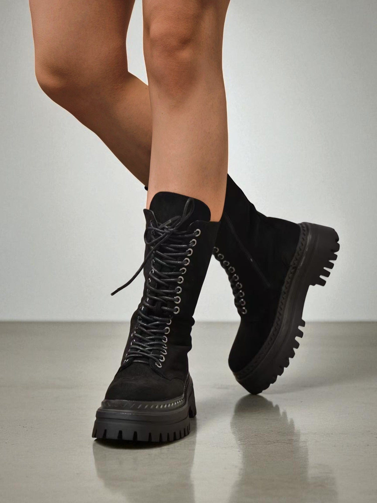 Botas de Mujer con Plataforma Chunky y Cordones, Estilo Militar de Media Caña con Cremallera Lateral