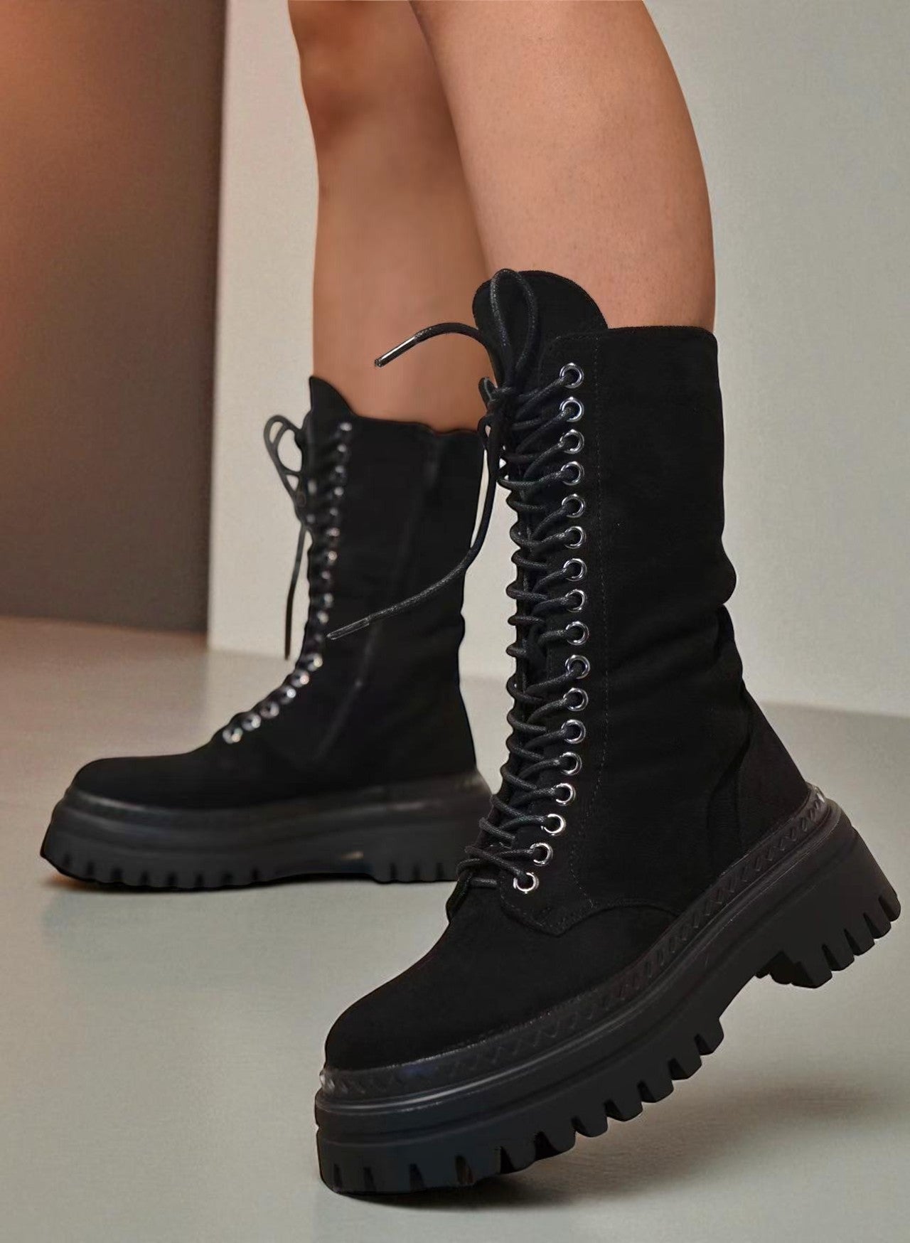 Botas de Mujer con Plataforma Chunky y Cordones, Estilo Militar de Media Caña con Cremallera Lateral