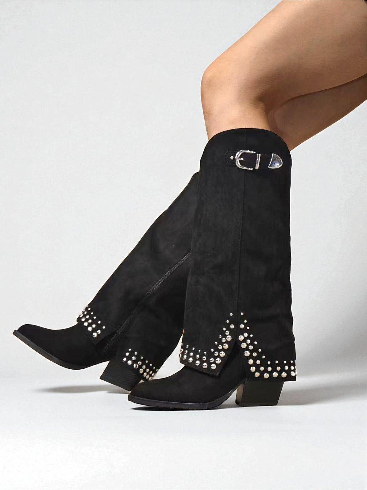 Botas cowboy altas de mujer con tachuelas metálicas y tacón ancho estilo western