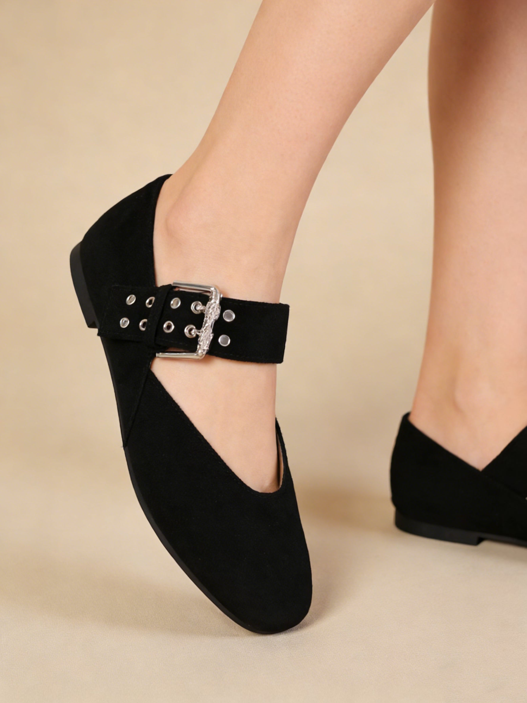 Bailarinas planas mujer de gamuza sintética con tira ajustable y hebilla metálica decorativa, zapatos tipo Mary Jane cómodos para diario, oficina y looks casuales elegantes