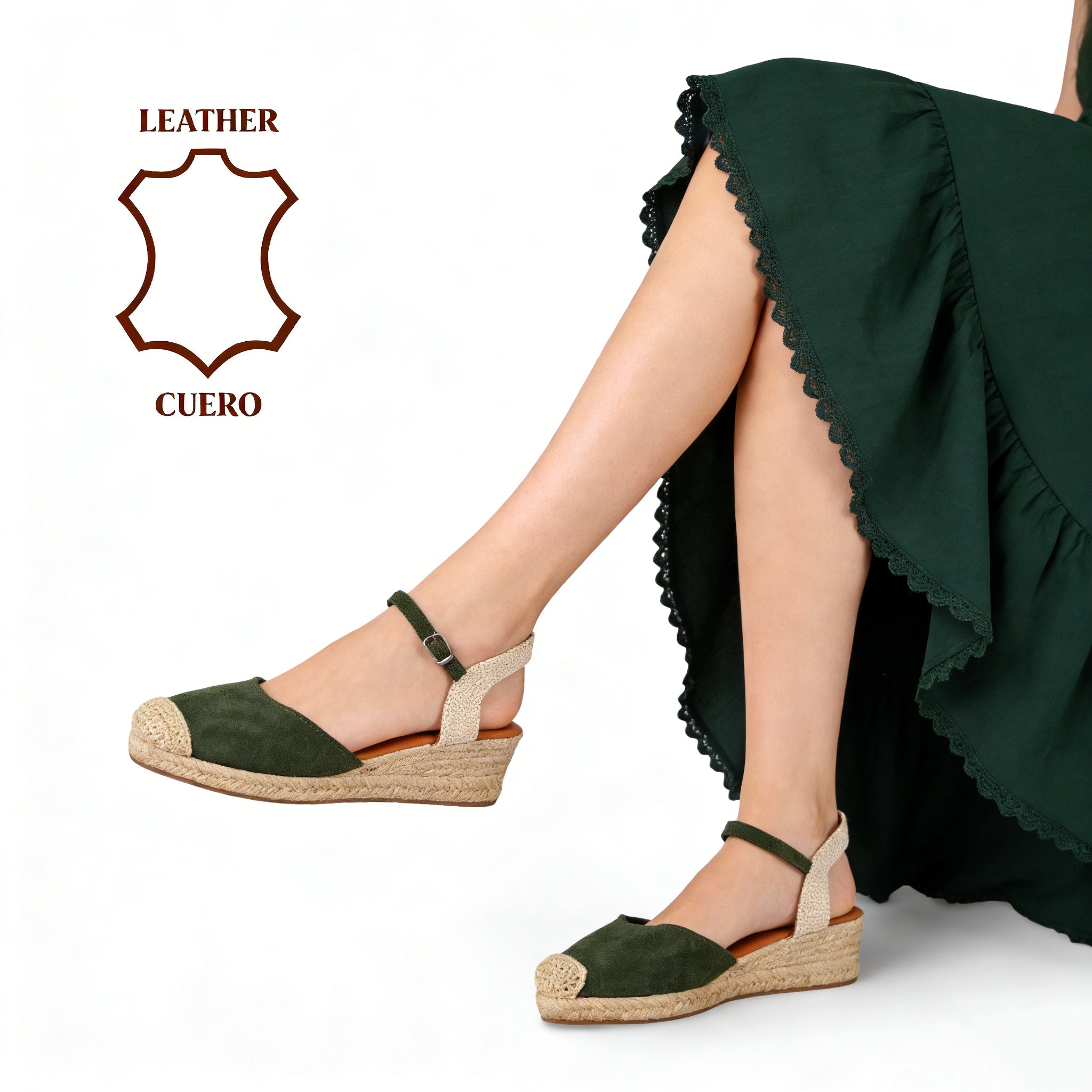 Sandalias tipo alpargatas de mujer con cuña de esparto y pulsera ajustable, punta cerrada estilo valenciana, acabado en cuero tipo gamuza, cómodas y ligeras para verano, disponibles en negro, verde, beige y camel