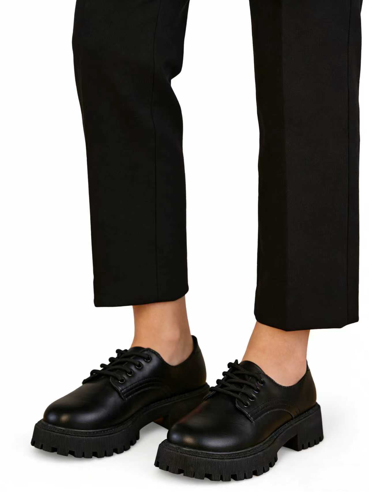 Zapatos tipo derby negros y beige con cordones y suela chunky gruesa, calzado urbano femenino de cuero sintético y gamuza sintética