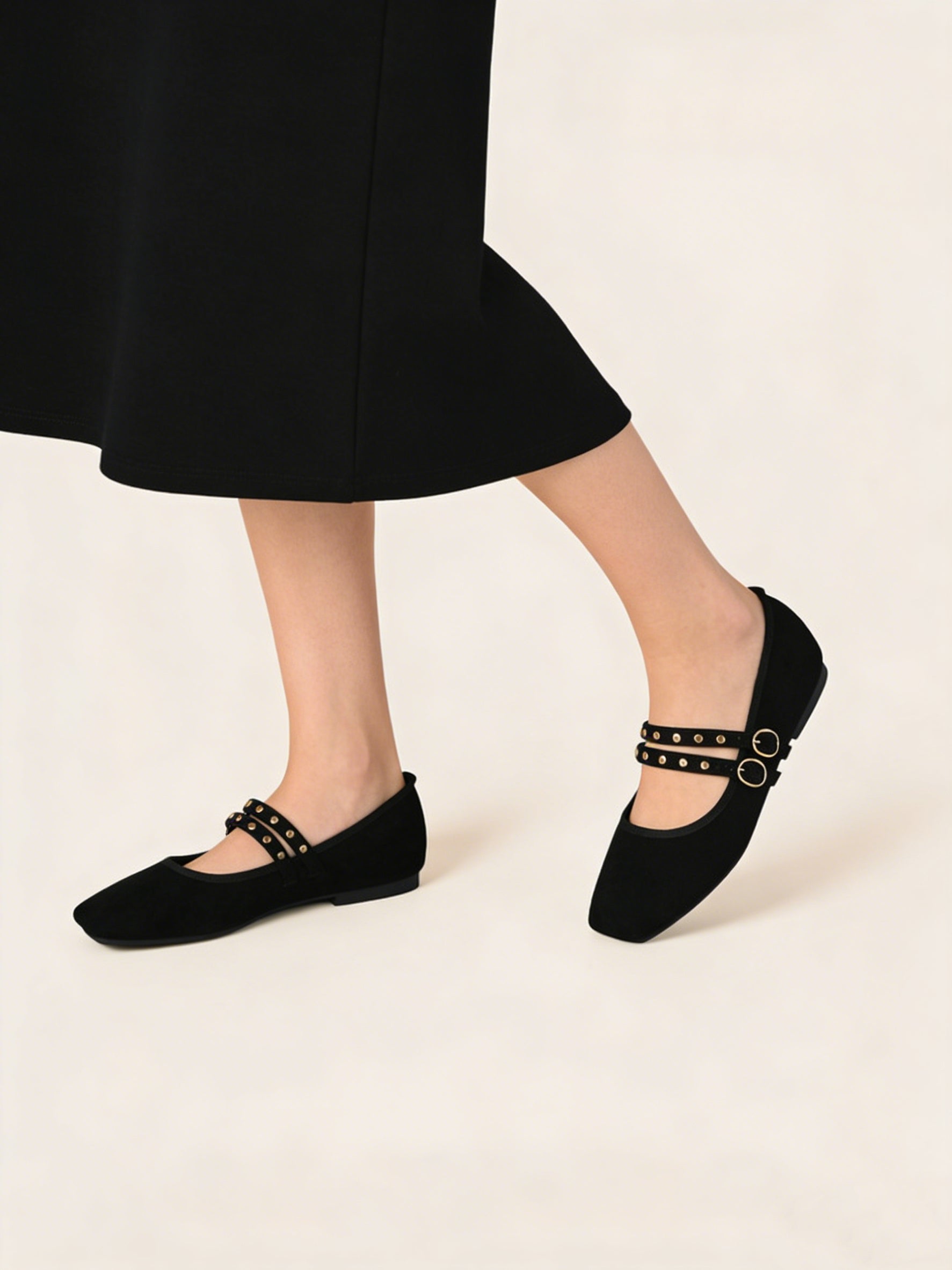 Bailarinas Mujer Planas con Doble Correa y Hebillas Metálicas, Zapatos Tipo Mary Jane de Punta Fina en Gamuza Sintética efecto Terciopelo, Flats Elegantes para Diario y Oficina
