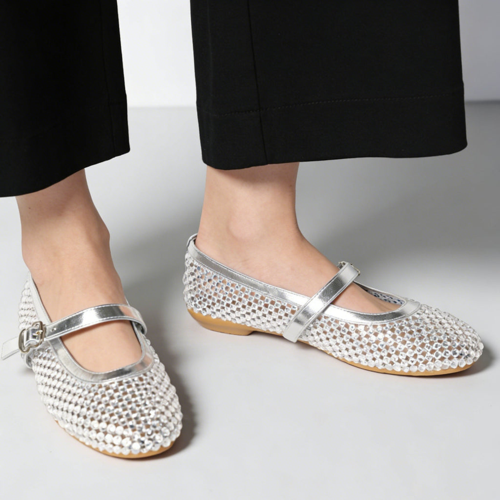 Bailarinas Mujer Plateadas con Brillos y Pulsera Mary Jane, Zapatos Planos con Pedrería y Correa Ajustable, Flats Elegantes para Fiesta, Eventos y Celebraciones