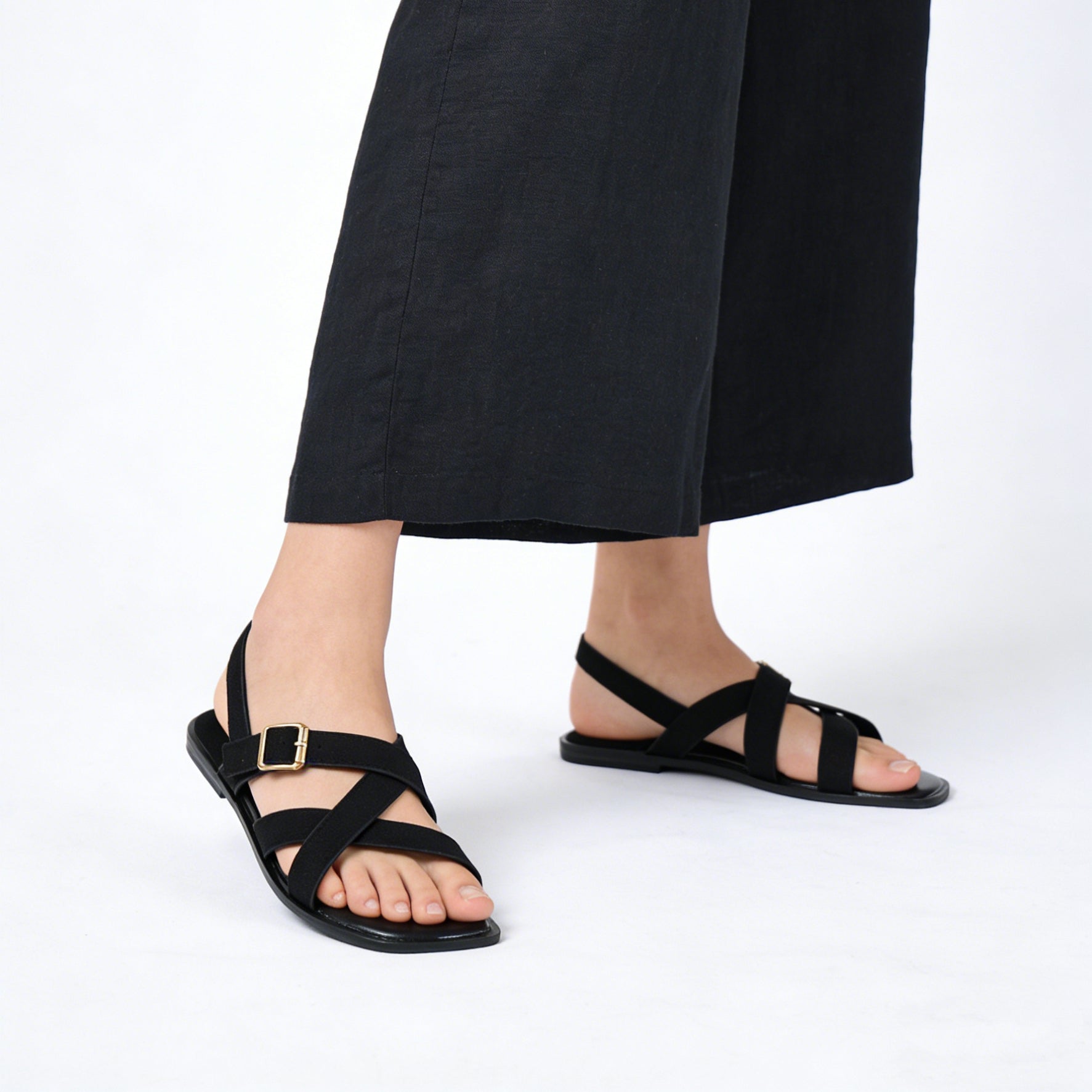 Sandalias Planas Mujer con Tiras Cruzadas y Hebilla Ajustable al Tobillo, Sandalia Baja de Gamuza Sintética y Cuero Sintético con Punta Cuadrada para Verano, Diario y Vacaciones