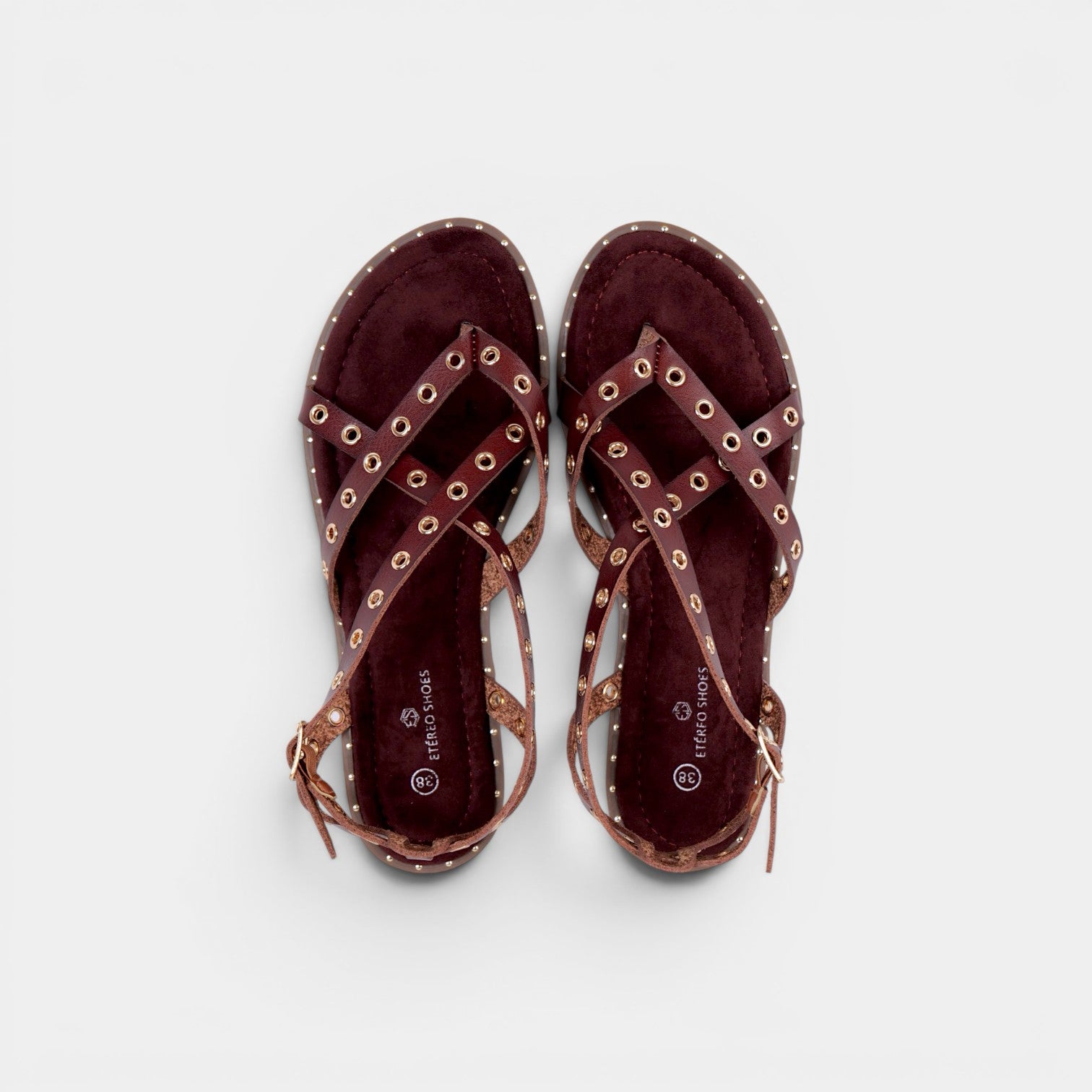 Sandalias Romanas con Tachuelas - Suela flexible y plantilla acolchada - Tachuelas doradas y tiras cruzadas para mujer, estilo casual elegante para verano, ideales para combinar con vestidos largos, faldas boho y looks de vacaciones