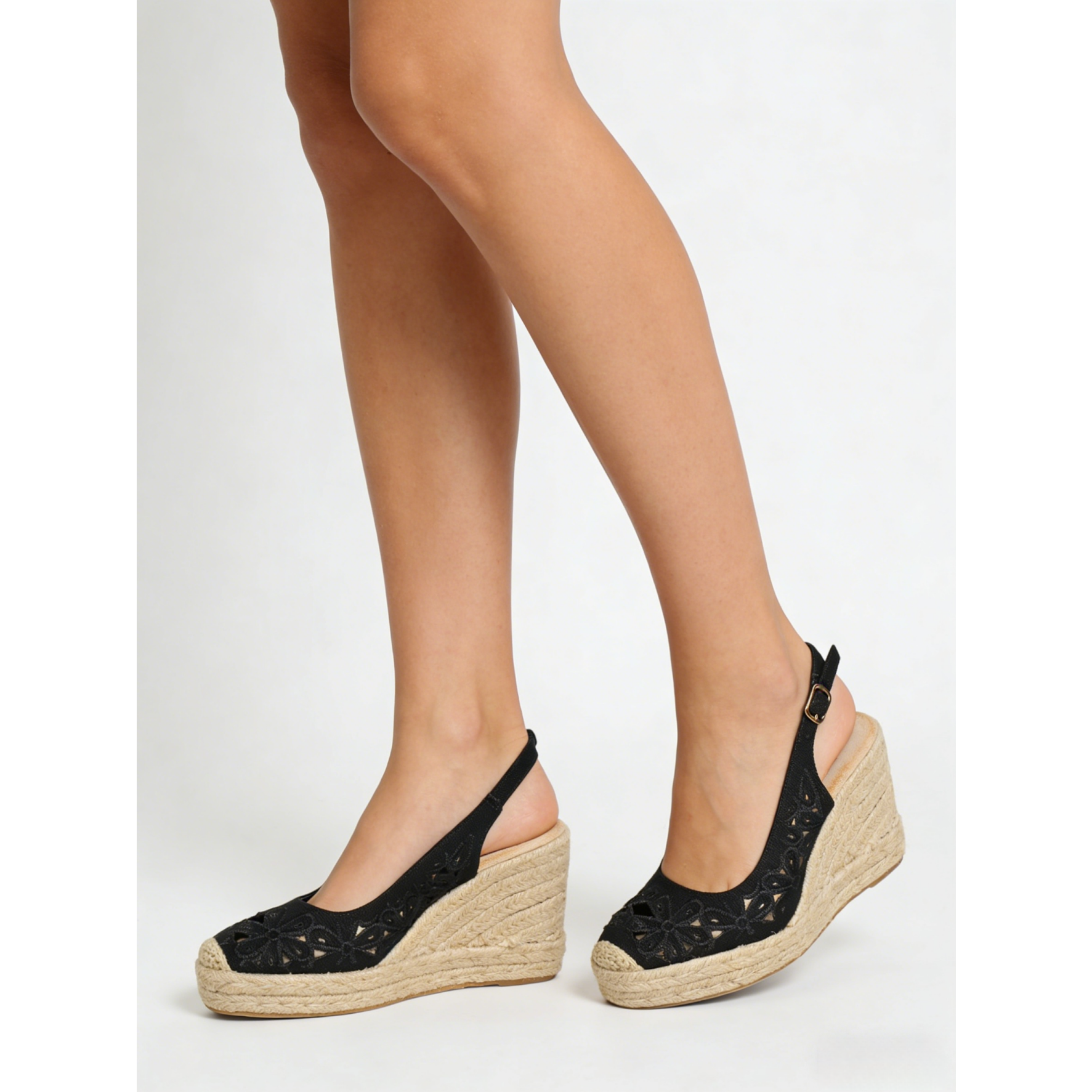 Sandalias de cuña alta con plataforma para mujer, diseño calado floral y pulsera ajustable, estilo alpargata con suela de yute, elegantes y cómodas para verano, disponibles en beige, negro y azul