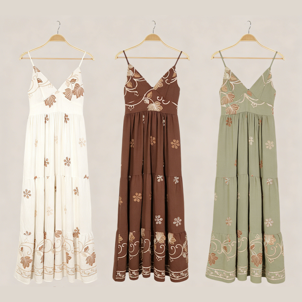 Vestido largo mujer tirantes escote en V bordado floral boho, vestido maxi fluido con caída amplia estilo romántico elegante verano, vestido casual chic ligero outfit playa vacaciones moda femenina