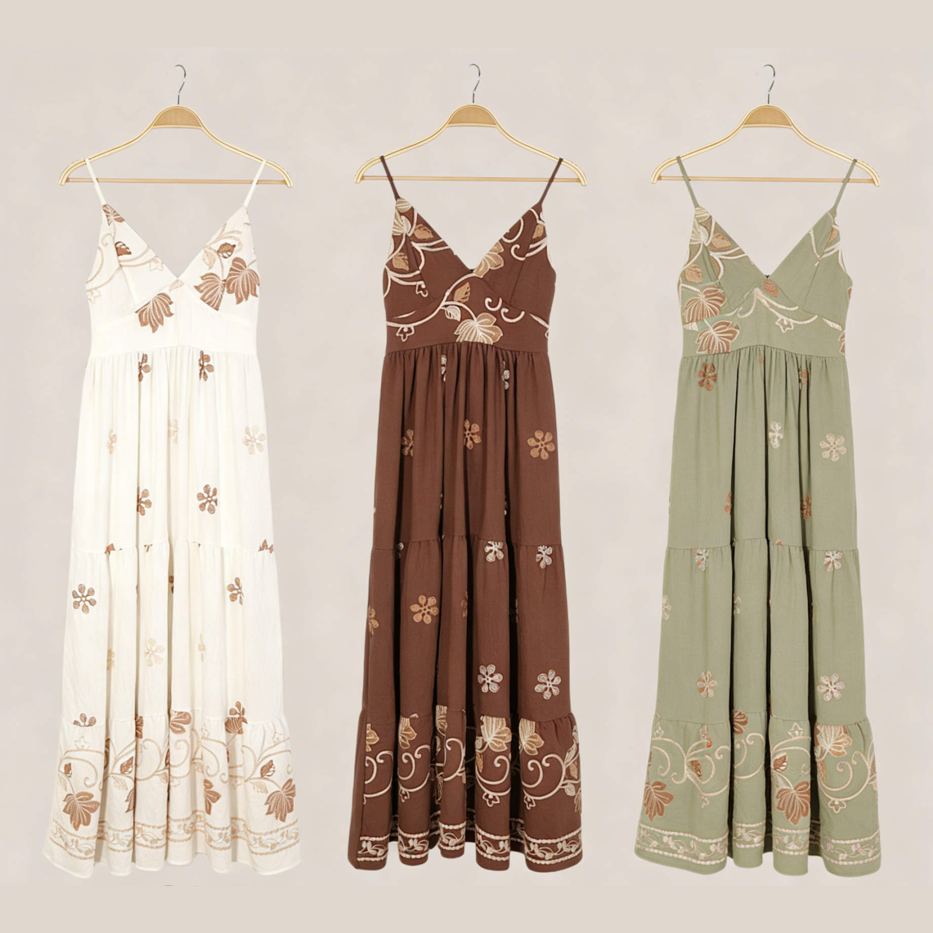 Vestido largo mujer tirantes escote en V bordado floral boho, vestido maxi fluido con caída amplia estilo romántico elegante verano, vestido casual chic ligero outfit playa vacaciones moda femenina