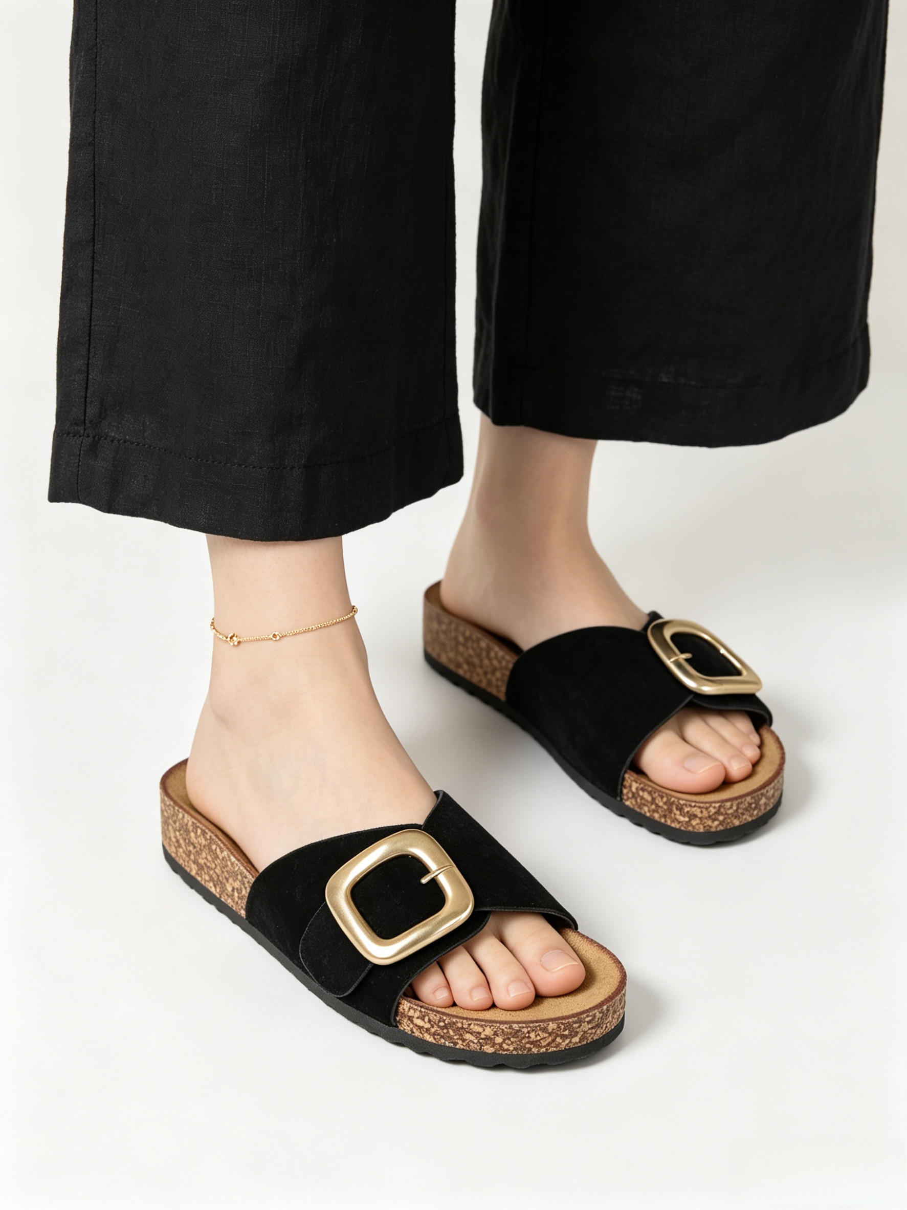 Sandalias planas de tira efecto ante para mujer con hebilla grande dorada mate, sandalias confort con plantilla suave y cómoda, sandalias casual verano de suela corcho sintético en marrón chocolate, beige, negro y blanco
