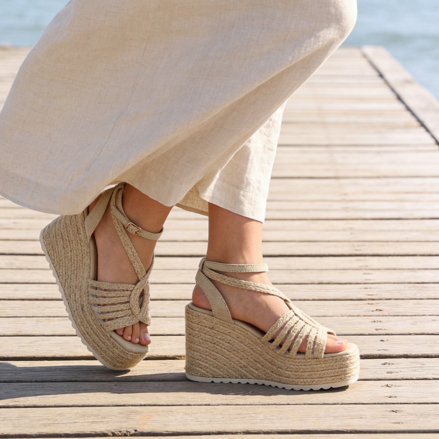 Sandalias de Cuña 11cm - Sandalias de plataforma para mujer con tiras trenzadas, diseño con cuña alta y suela de esparto, sandalias con cierre de hebilla y acabado metalizado o beige