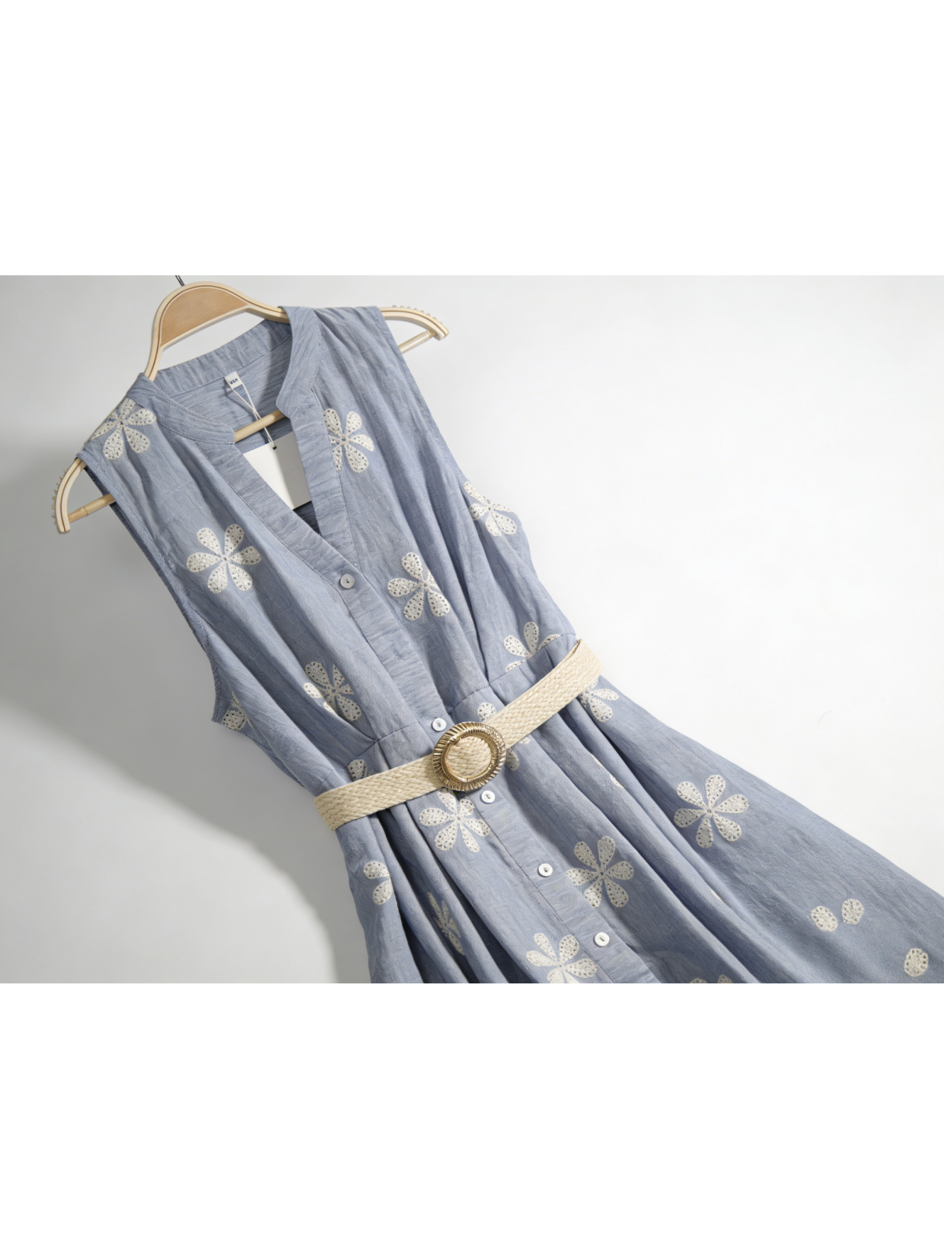 Vestido midi mujer lino bordado floral sin mangas con cinturón escote en V, vestido camisero fluido elegante casual chic estilo boho minimalista verano outfit femenino