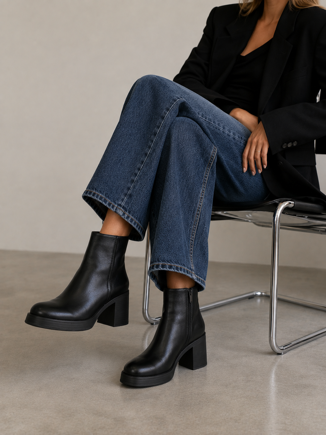 Botín con plataforma y tacón ancho de mujer, disponibles en cuero sintético y efecto ante, botín de otoño invierno con cremallera lateral, negro, marrón chocolate y caqui