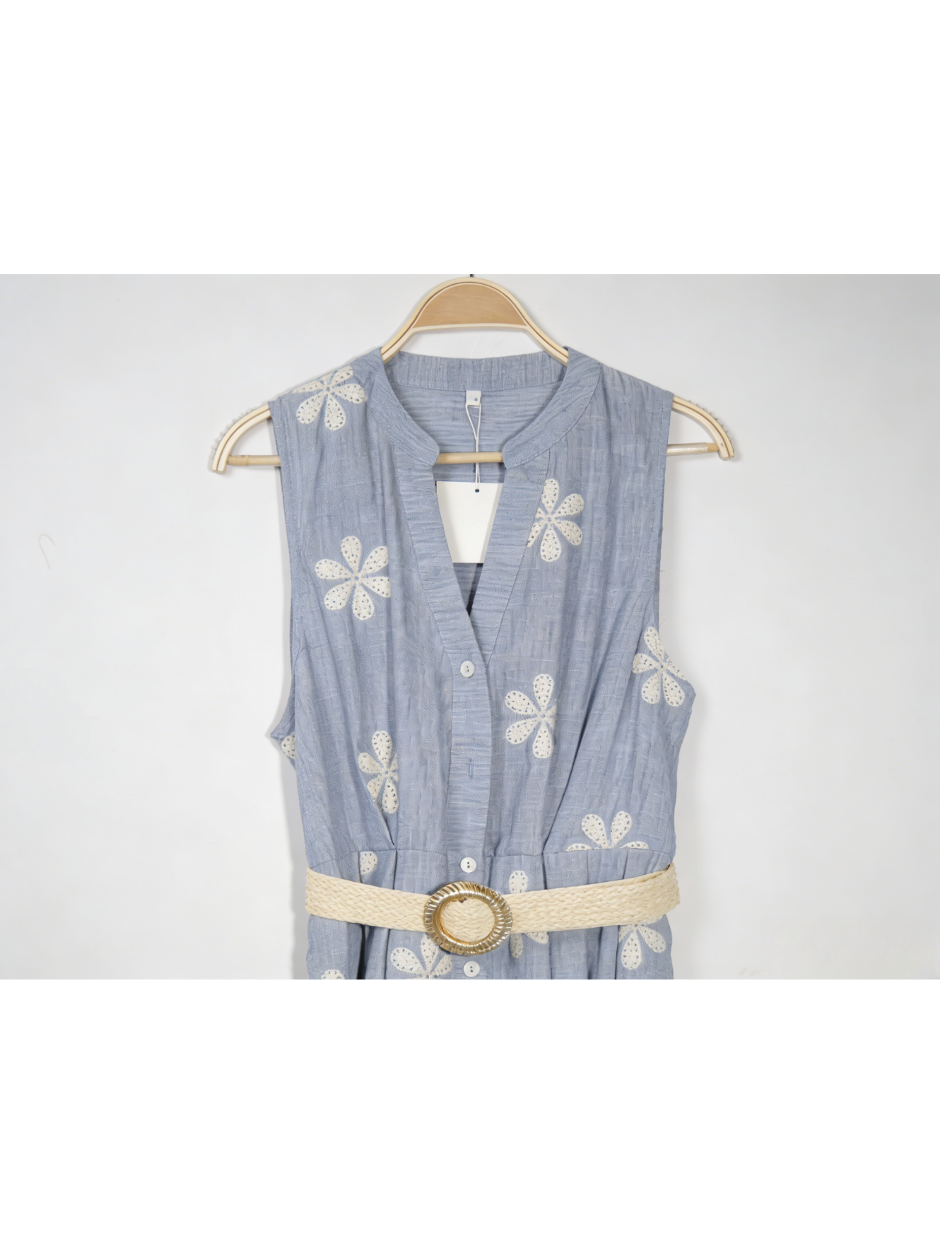 Vestido midi mujer lino bordado floral sin mangas con cinturón escote en V, vestido camisero fluido elegante casual chic estilo boho minimalista verano outfit femenino
