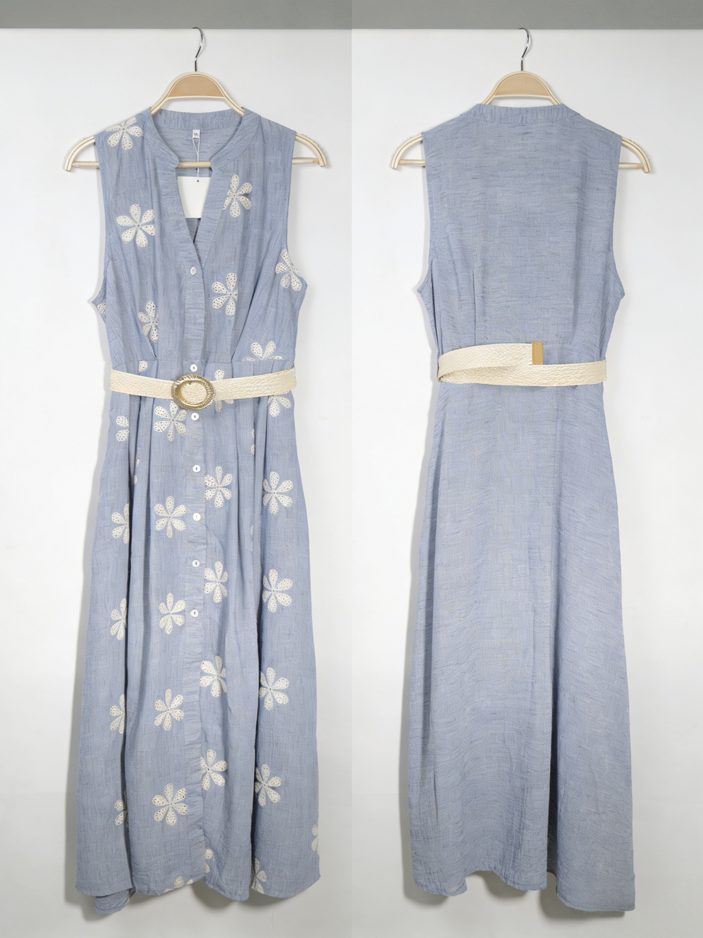 Vestido midi mujer lino bordado floral sin mangas con cinturón escote en V, vestido camisero fluido elegante casual chic estilo boho minimalista verano outfit femenino