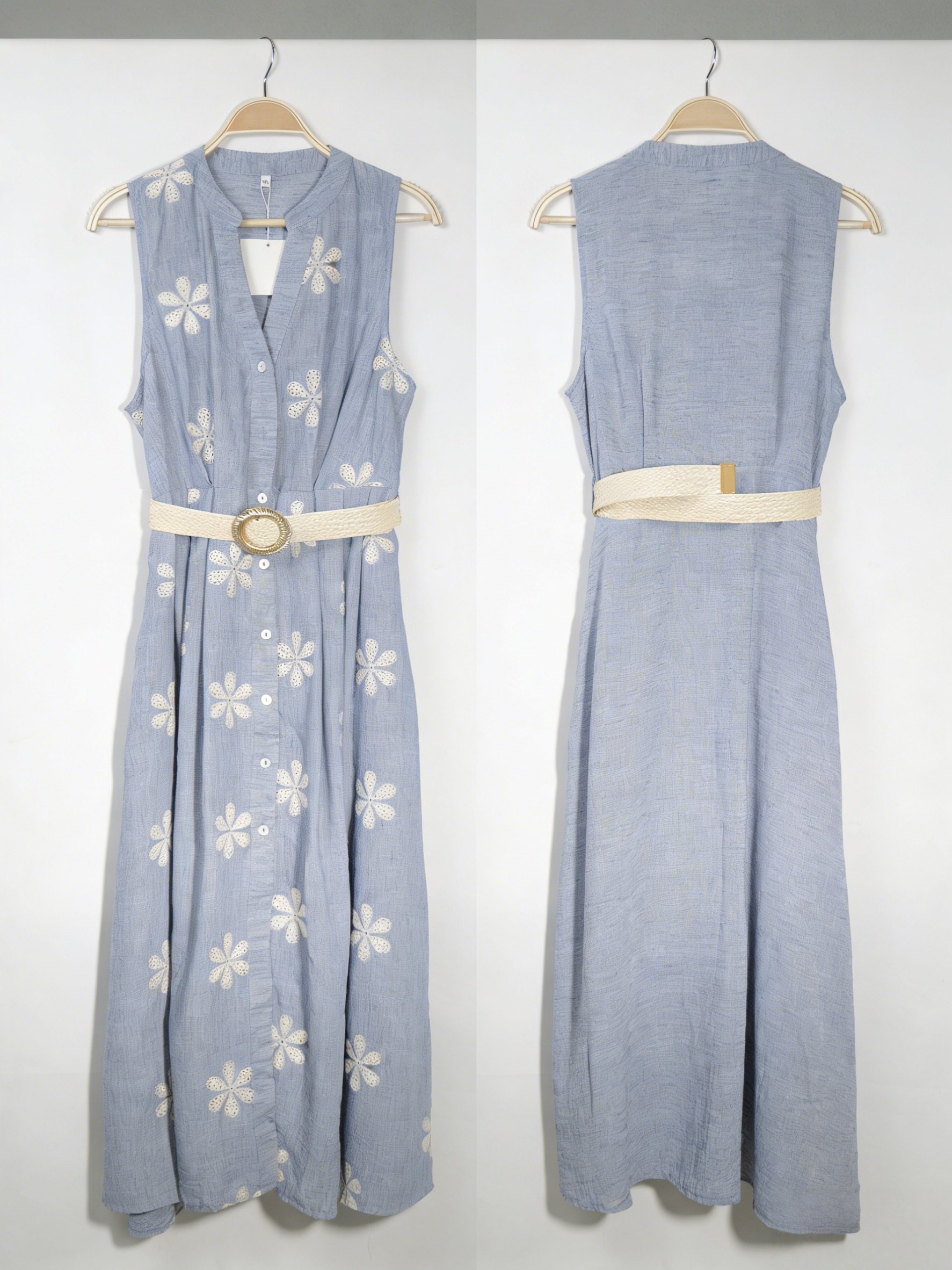 Vestido midi mujer lino bordado floral sin mangas con cinturón escote en V, vestido camisero fluido elegante casual chic estilo boho minimalista verano outfit femenino