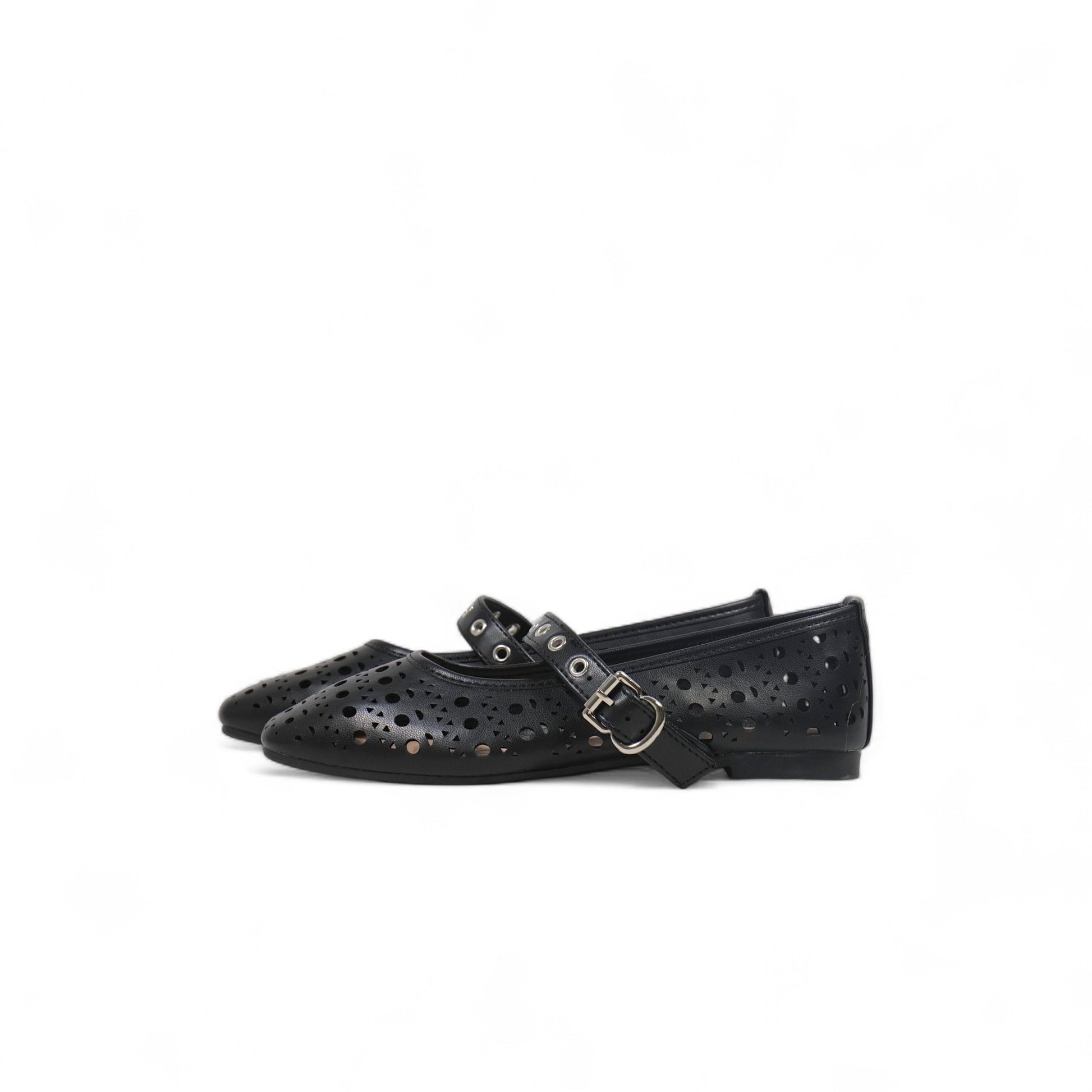 Bailarinas de Mujer con Diseño Calado y Correa Ajustable – Zapatos Planos Estilo Mary Jane en Cuero Sintético con Hebilla Metálica – Color Negro para Verano o Primavera