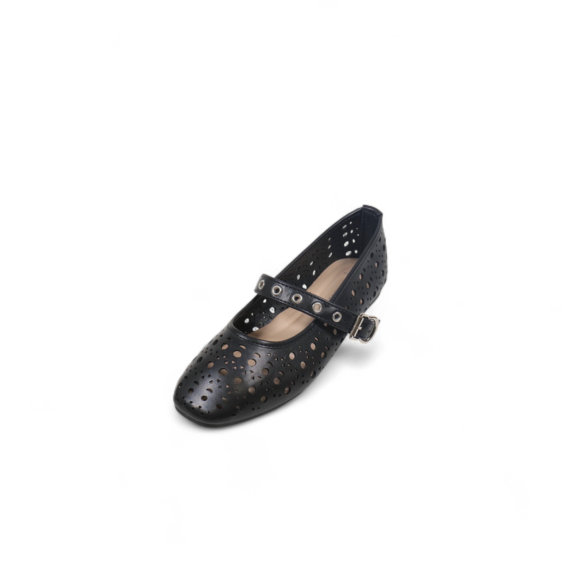 Bailarinas de Mujer con Diseño Calado y Correa Ajustable – Zapatos Planos Estilo Mary Jane en Cuero Sintético con Hebilla Metálica – Color Negro para Verano o Primavera