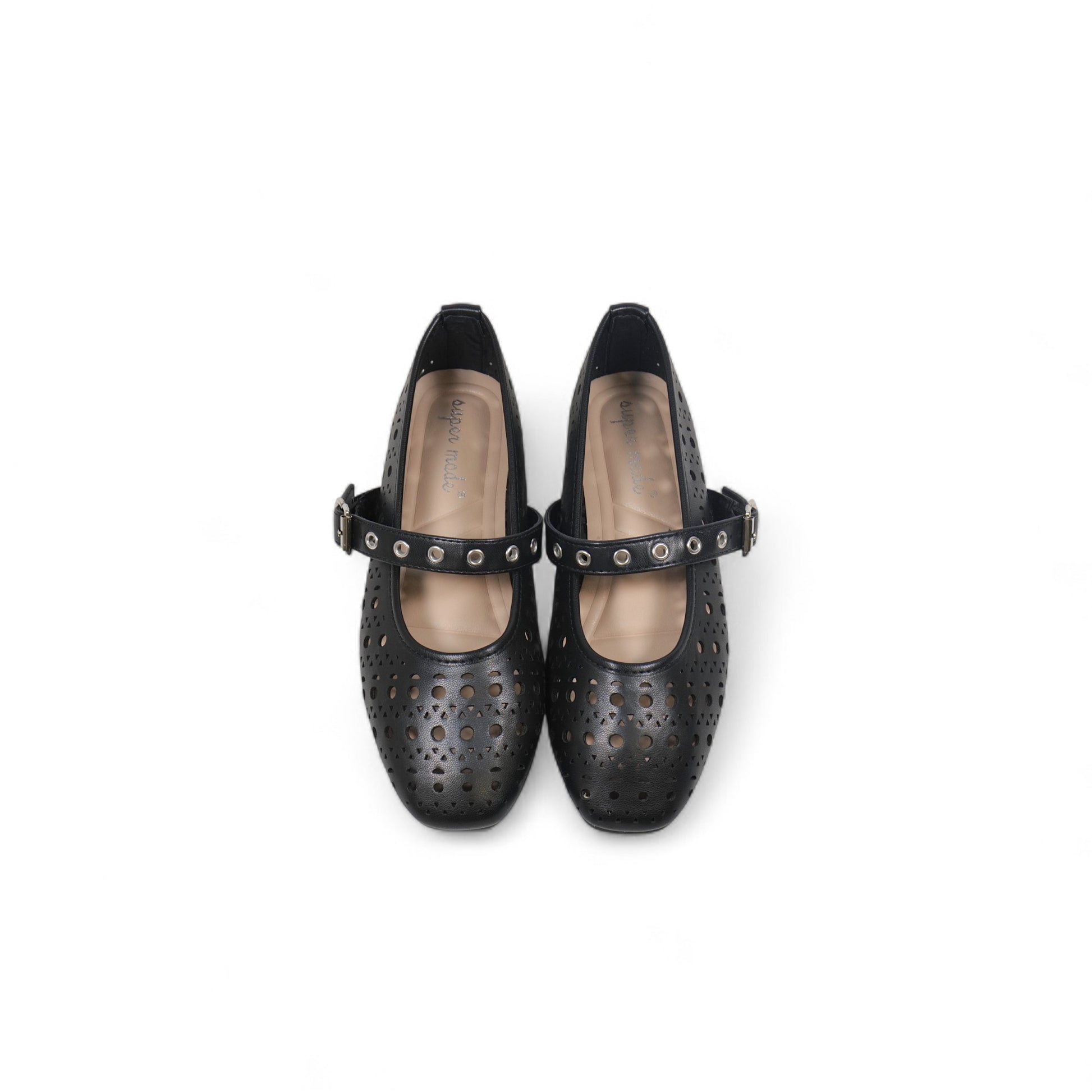 Bailarinas de Mujer con Diseño Calado y Correa Ajustable – Zapatos Planos Estilo Mary Jane en Cuero Sintético con Hebilla Metálica – Color Negro para Verano o Primavera