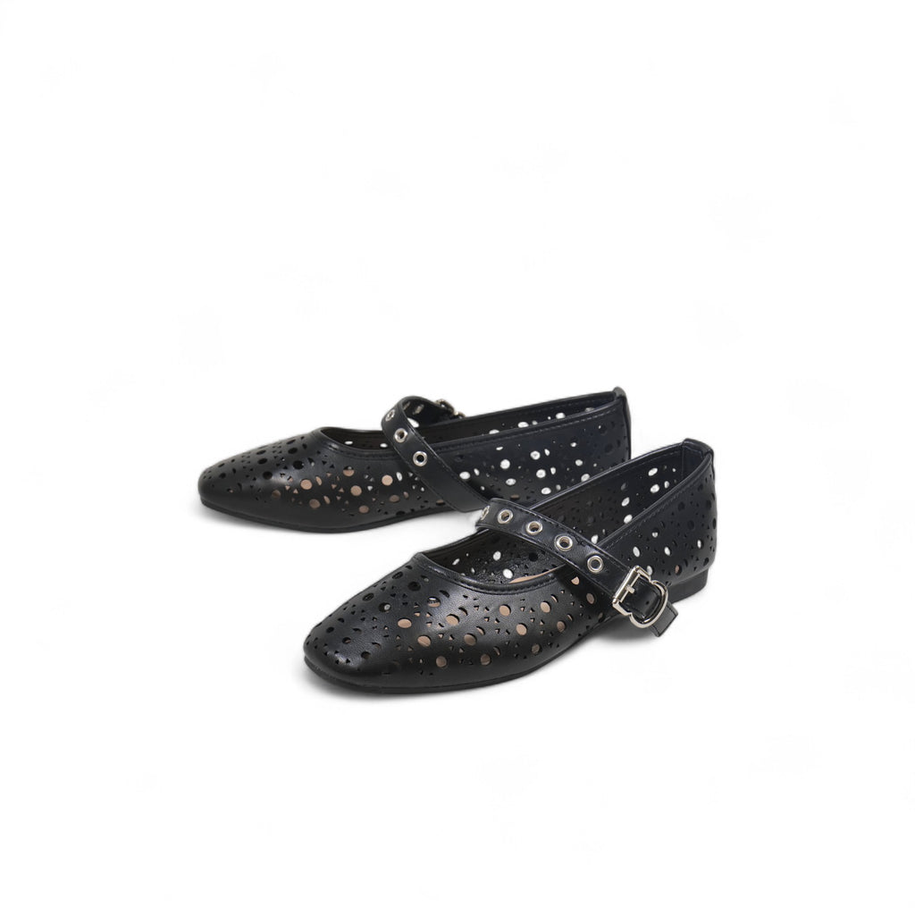Bailarinas de Mujer con Diseño Calado y Correa Ajustable – Zapatos Planos Estilo Mary Jane en Cuero Sintético con Hebilla Metálica – Color Negro para Verano o Primavera