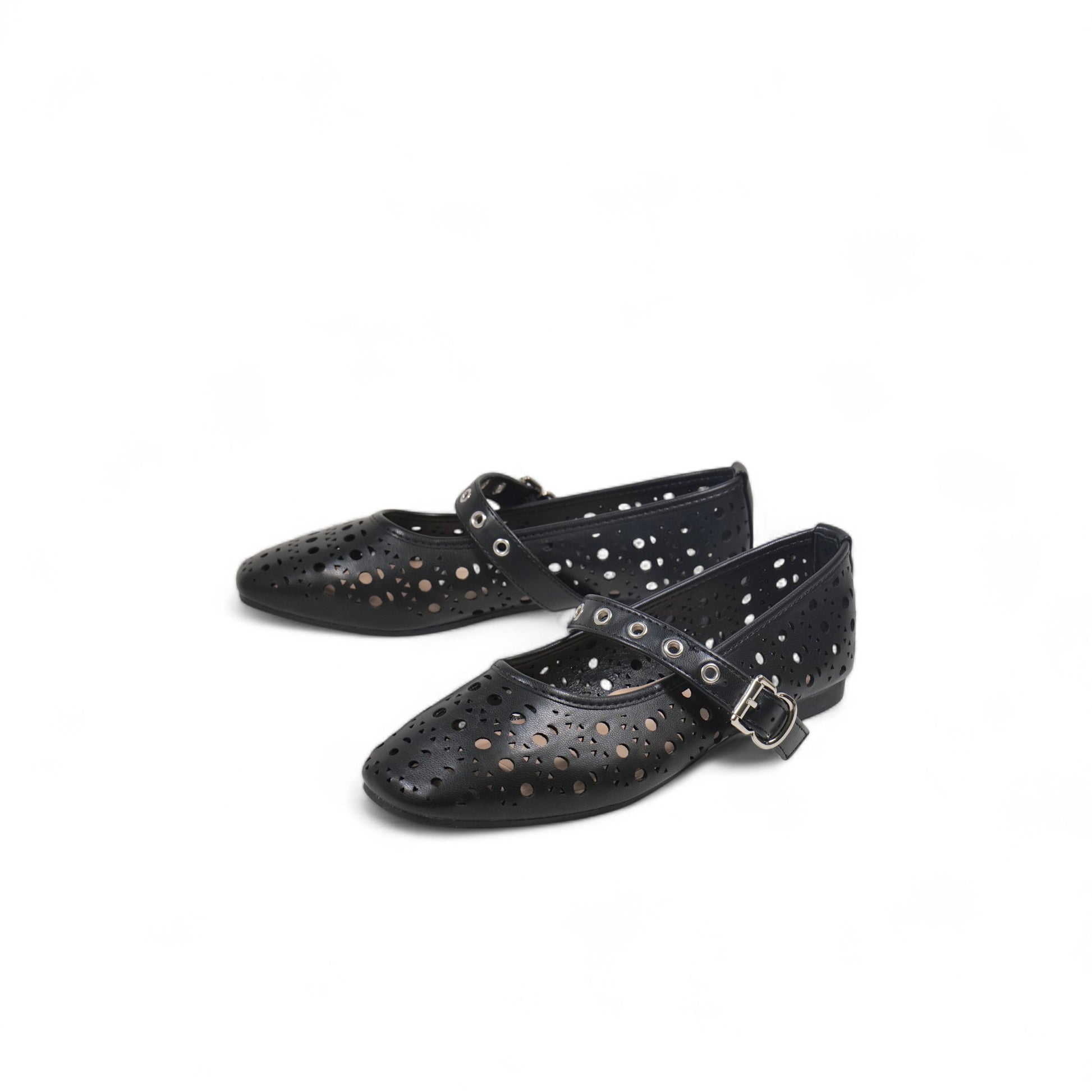 Bailarinas de Mujer con Diseño Calado y Correa Ajustable – Zapatos Planos Estilo Mary Jane en Cuero Sintético con Hebilla Metálica – Color Negro para Verano o Primavera