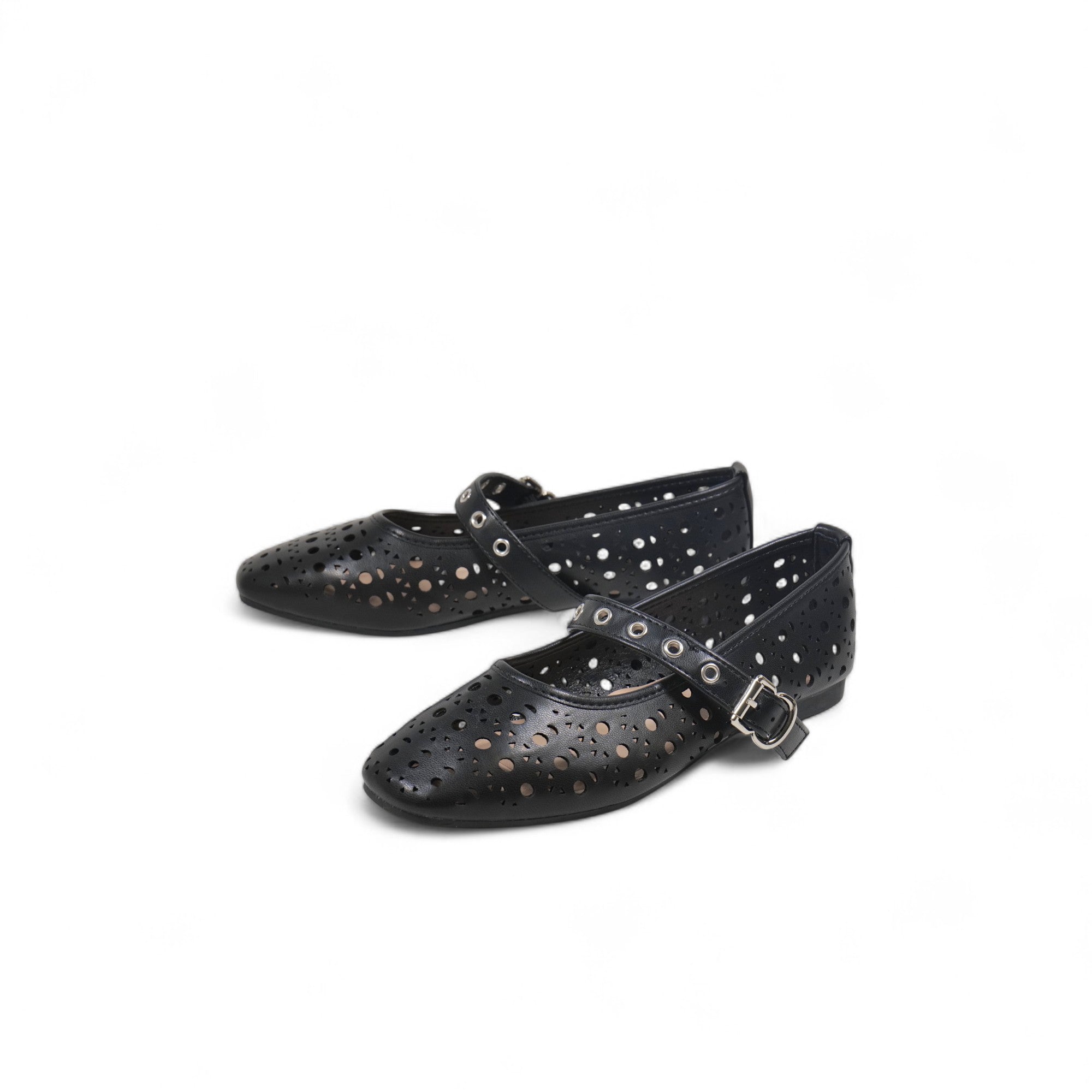 Bailarinas de Mujer con Diseño Calado y Correa Ajustable – Zapatos Planos Estilo Mary Jane en Cuero Sintético con Hebilla Metálica – Color Negro para Verano o Primavera