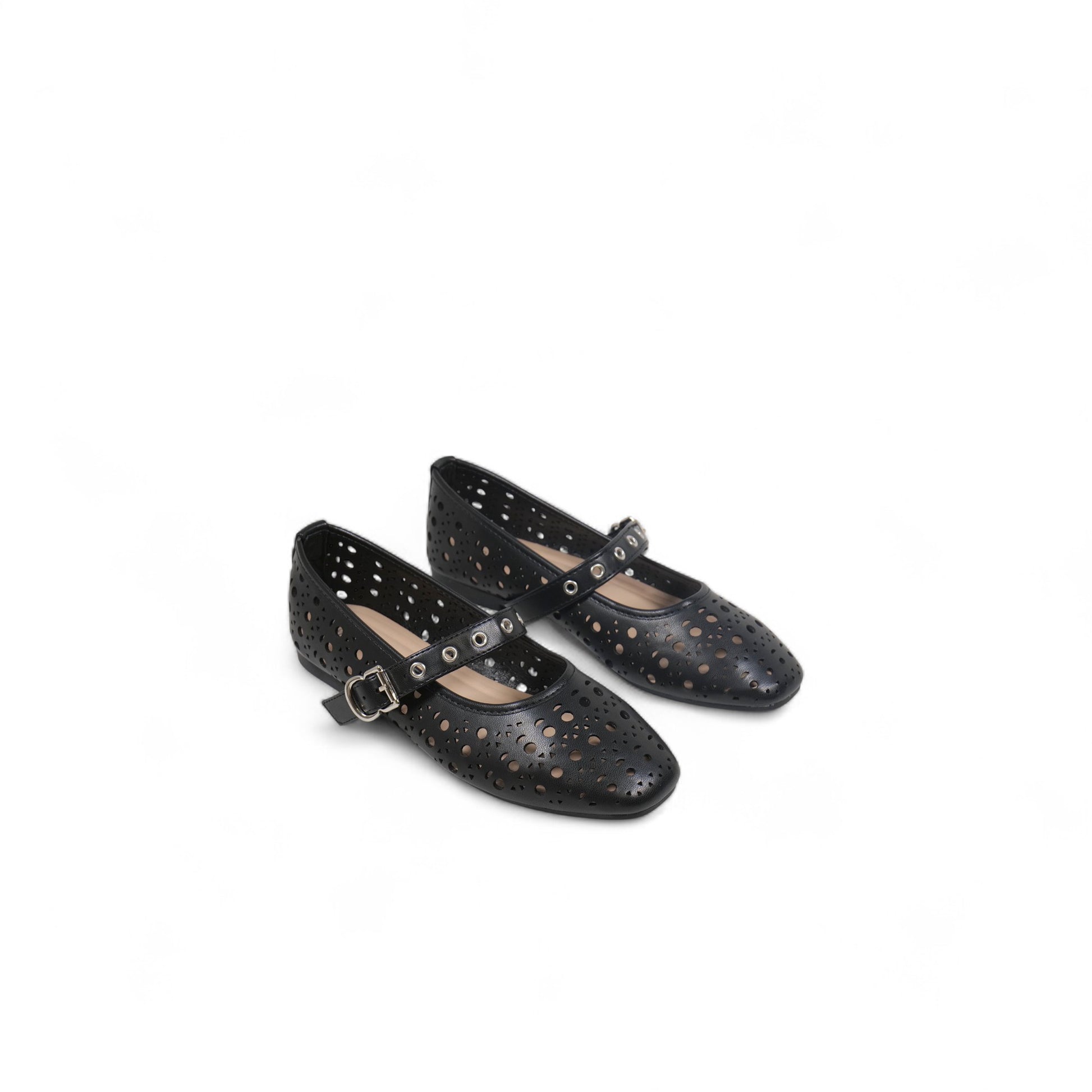 Bailarinas de Mujer con Diseño Calado y Correa Ajustable – Zapatos Planos Estilo Mary Jane en Cuero Sintético con Hebilla Metálica – Color Negro para Verano o Primavera