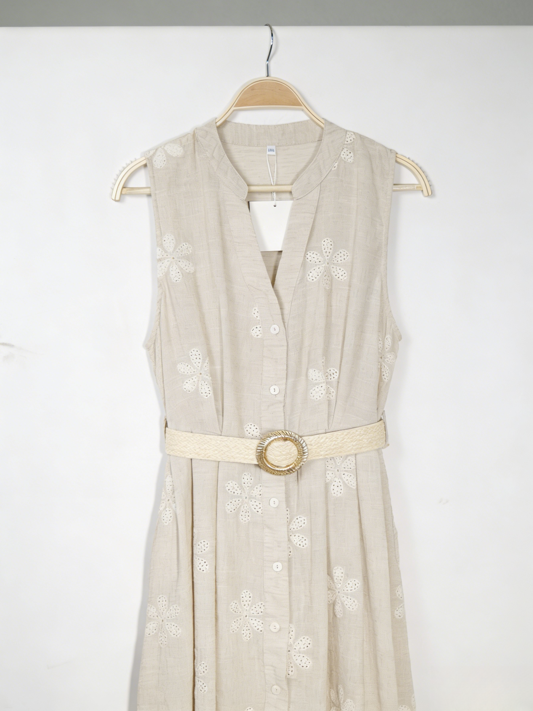 Vestido midi mujer lino bordado floral sin mangas con cinturón escote en V, vestido camisero fluido elegante casual chic estilo boho minimalista verano outfit femenino