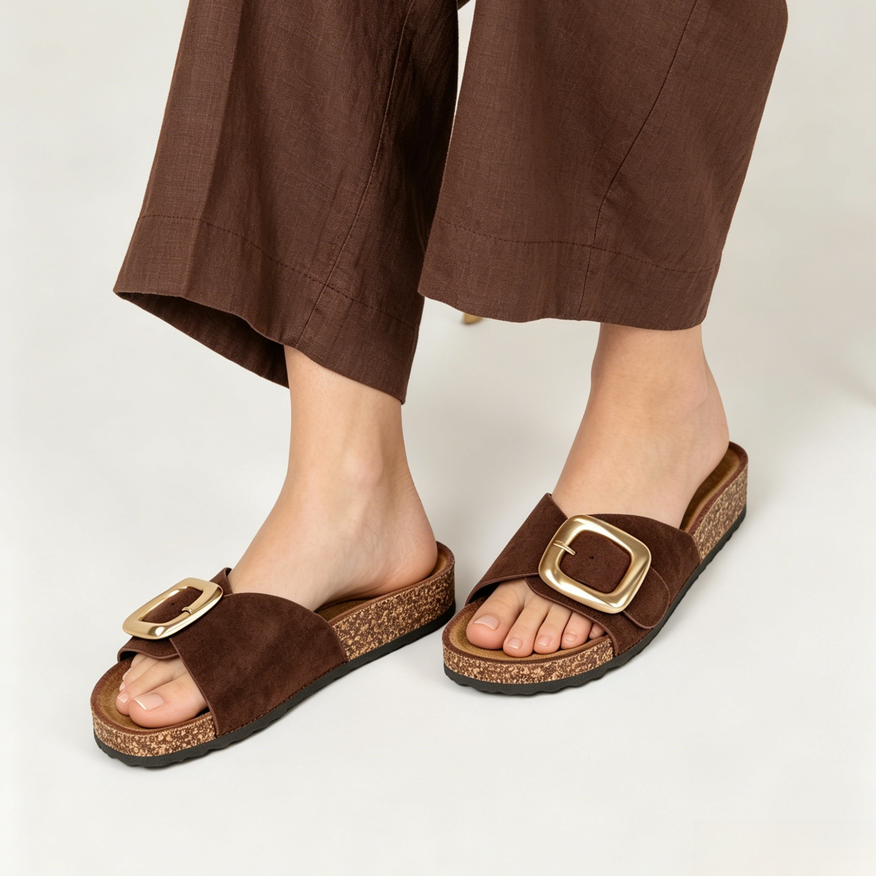Sandalias planas de tira efecto ante para mujer con hebilla grande dorada mate, sandalias confort con plantilla suave y cómoda, sandalias casual verano de suela corcho sintético en marrón chocolate, beige, negro y blanco