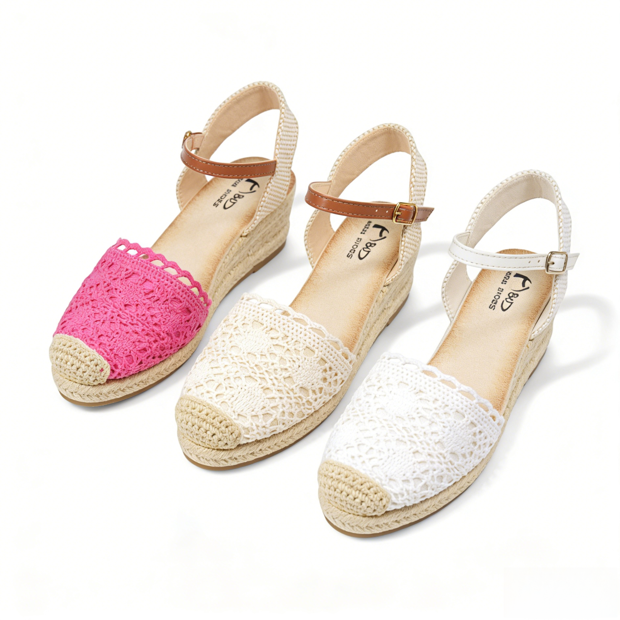 Alpargatas de cuña baja para mujer con encaje tejido estilo crochet, sandalias espadrille con puntera cerrada y plataforma de yute, pulsera al tobillo con hebilla ajustable, zapatos verano en colores blanco, beige y fucsia