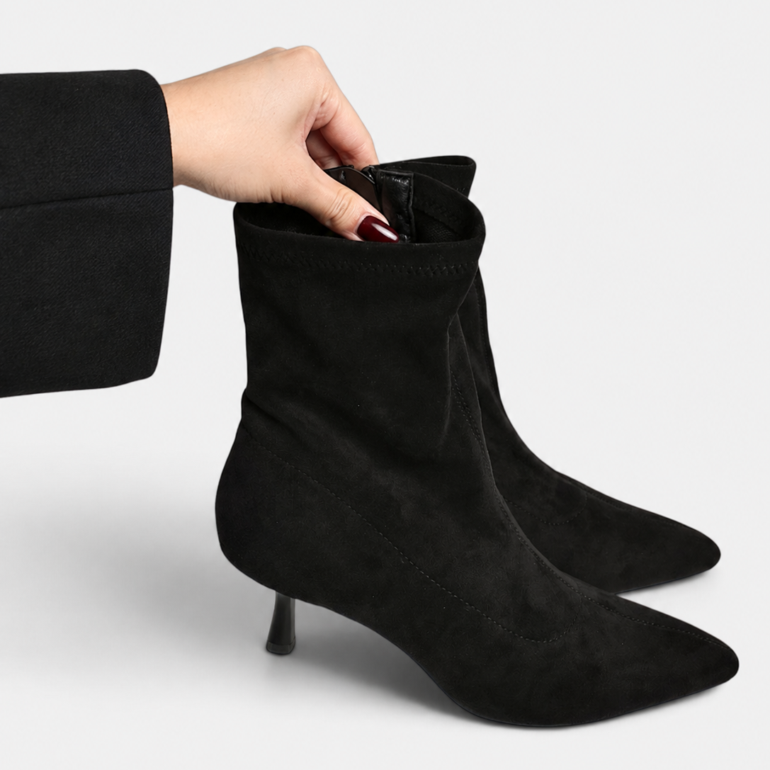 Botines tacón fino y punta afilada efecto ante para mujer, botín elástico estilo elegante para otoño invierno