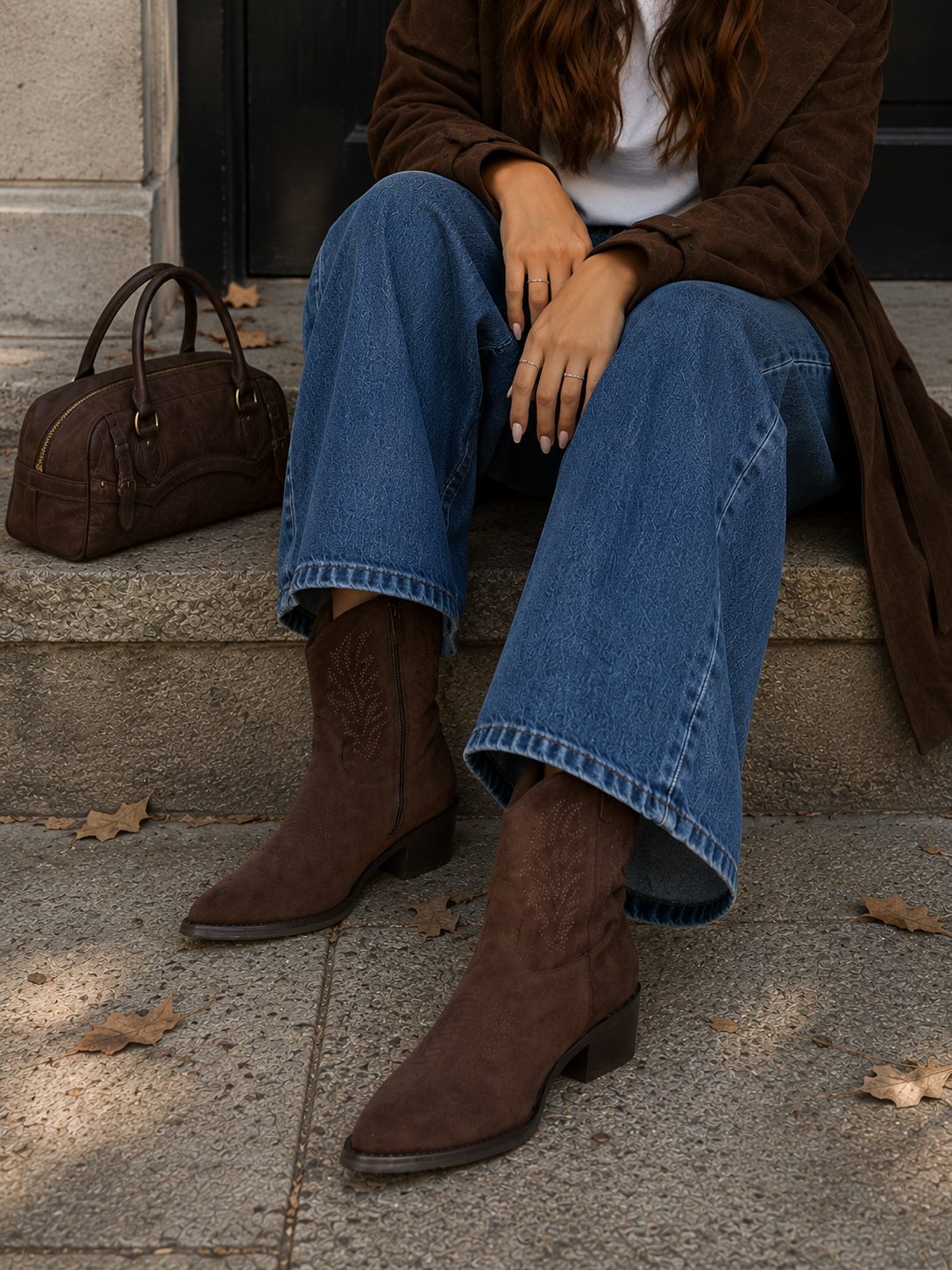 Botines cowboy bordados de gamuza sintética para mujer, botas camperas de caña media, tacón ancho, punta afilada, botas vaquetas cremallera lateral, cómodos para otoño invierno