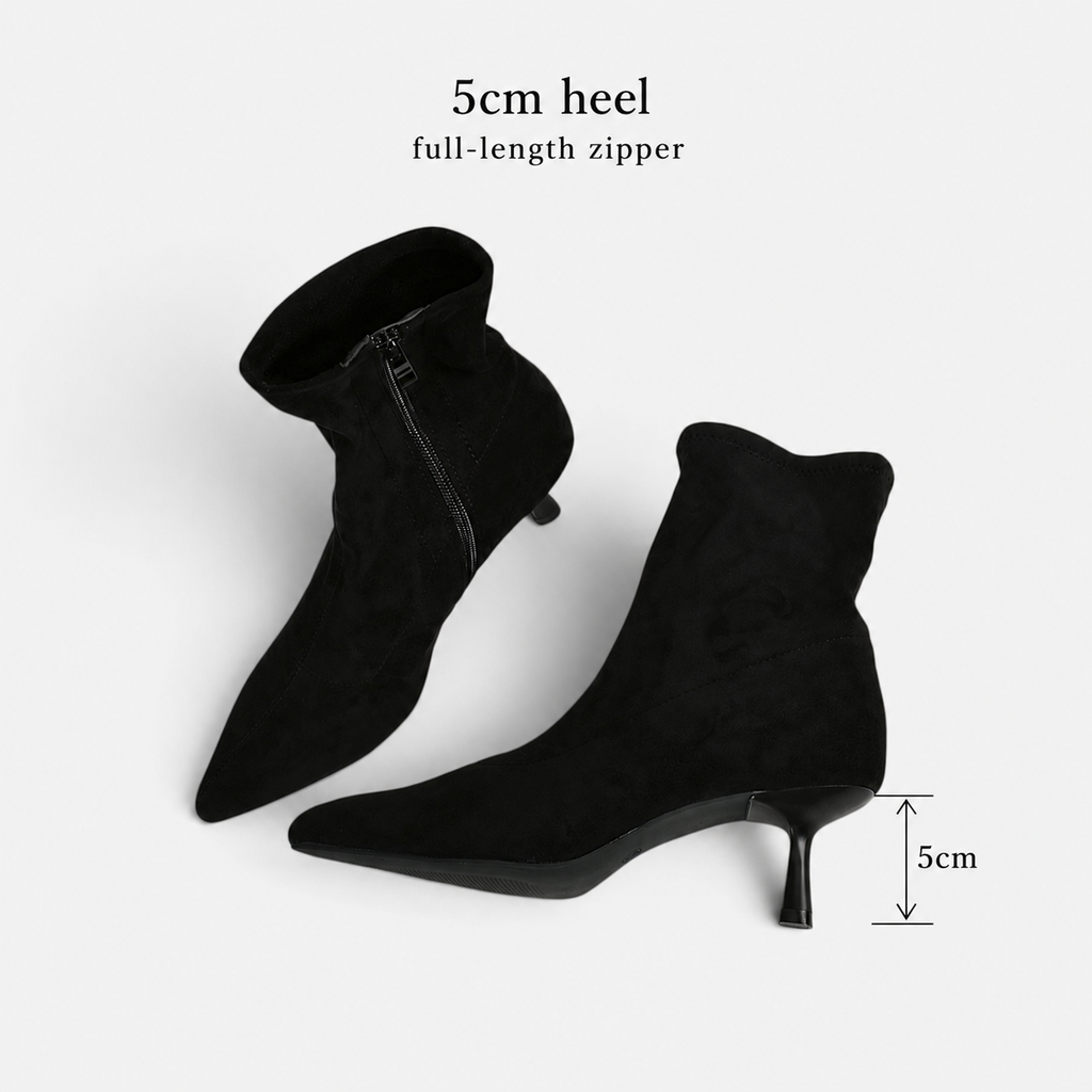 Botines tacón fino y punta afilada efecto ante para mujer, botín elástico estilo elegante para otoño invierno