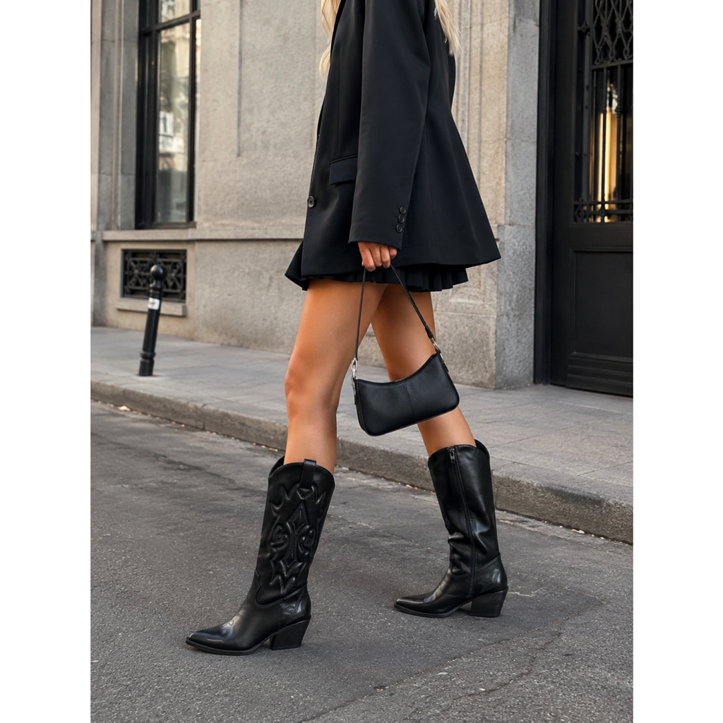 Botas cowboy altas para mujer de cuero sintético con brillo elegante, tacón ancho, punta afilada, bordados en relieve, estilo western campero, negro y marrón