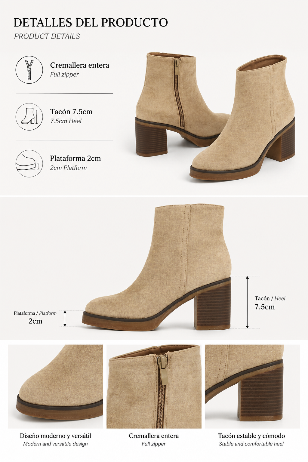 Botín con plataforma y tacón ancho de mujer, disponibles en cuero sintético y efecto ante, botín de otoño invierno con cremallera lateral, negro, marrón chocolate y caqui