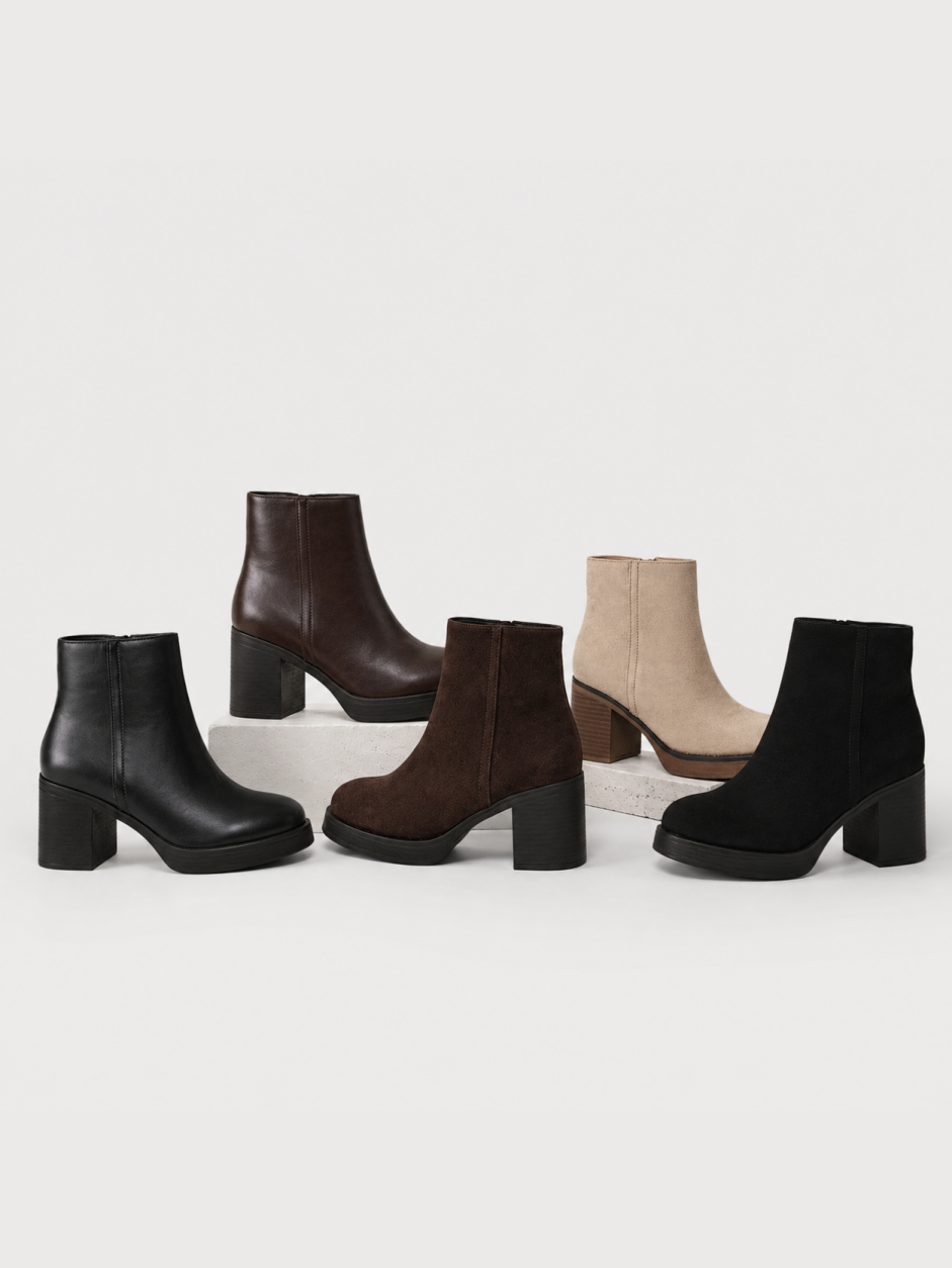 Botín con plataforma y tacón ancho de mujer, disponibles en cuero sintético y efecto ante, botín de otoño invierno con cremallera lateral, negro, marrón chocolate y caqui