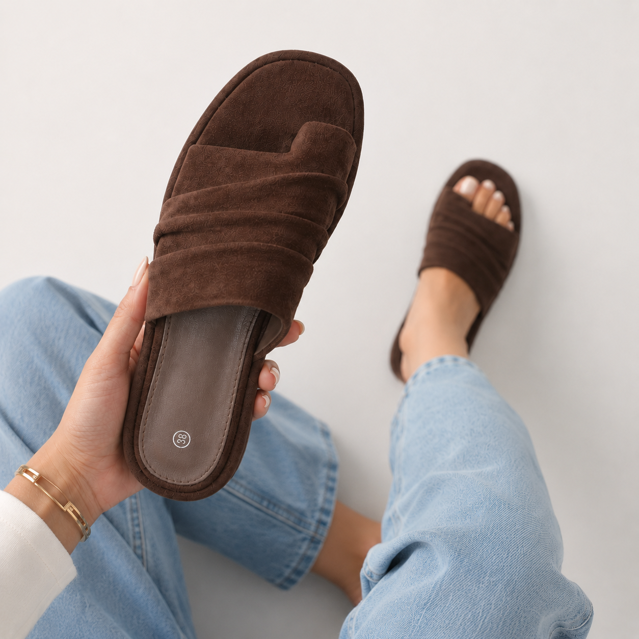 Sandalias planas Fruncidas Chocolate - Sandalias planas con plataforma tira ancha fruncida en gamuza sintética marrón chocolate dedo separado para uso diario, vacaciones y looks casuales con lino, shorts, jeans o vestidos relajados