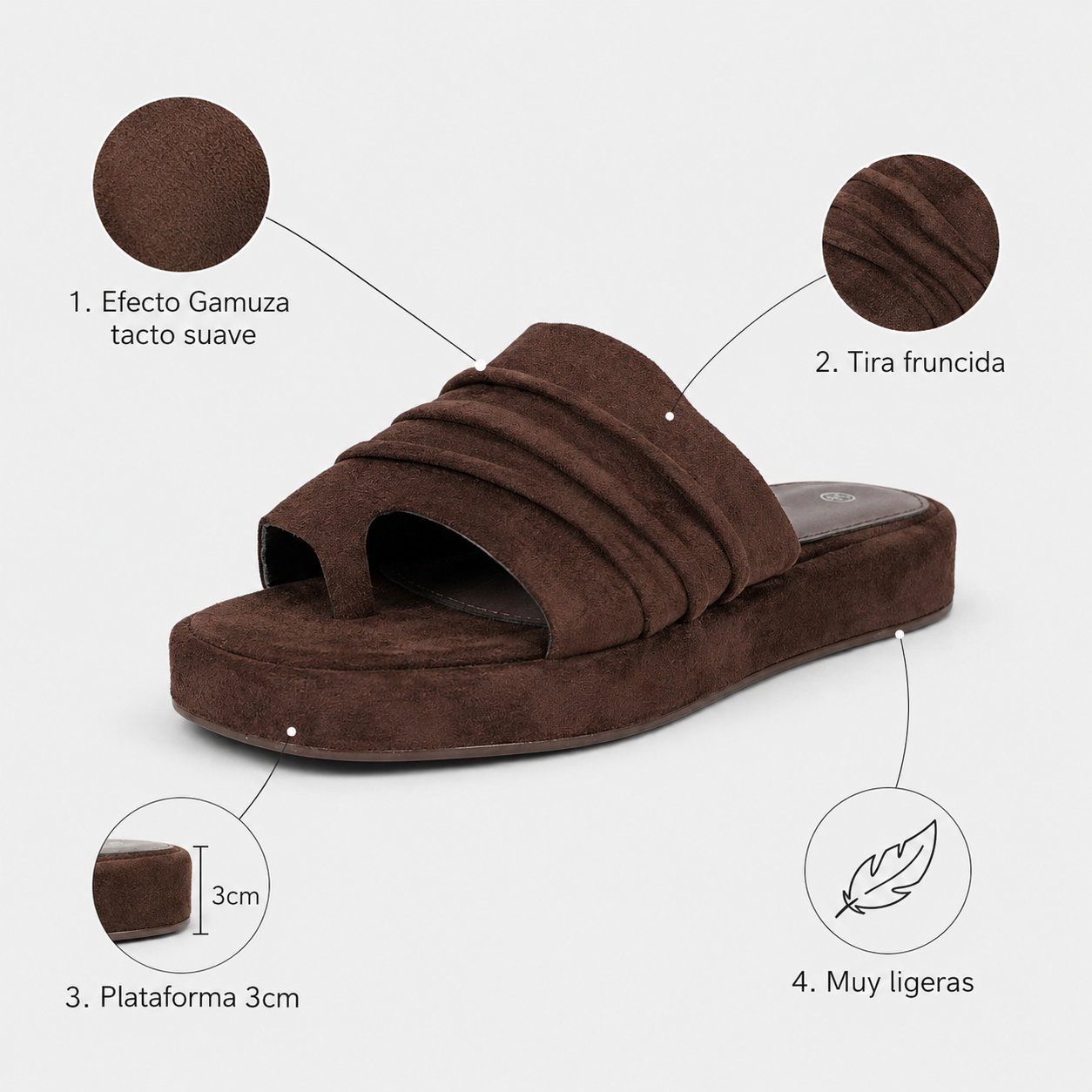 Sandalias planas Fruncidas Chocolate - Sandalias planas con plataforma tira ancha fruncida en gamuza sintética marrón chocolate dedo separado para uso diario, vacaciones y looks casuales con lino, shorts, jeans o vestidos relajados