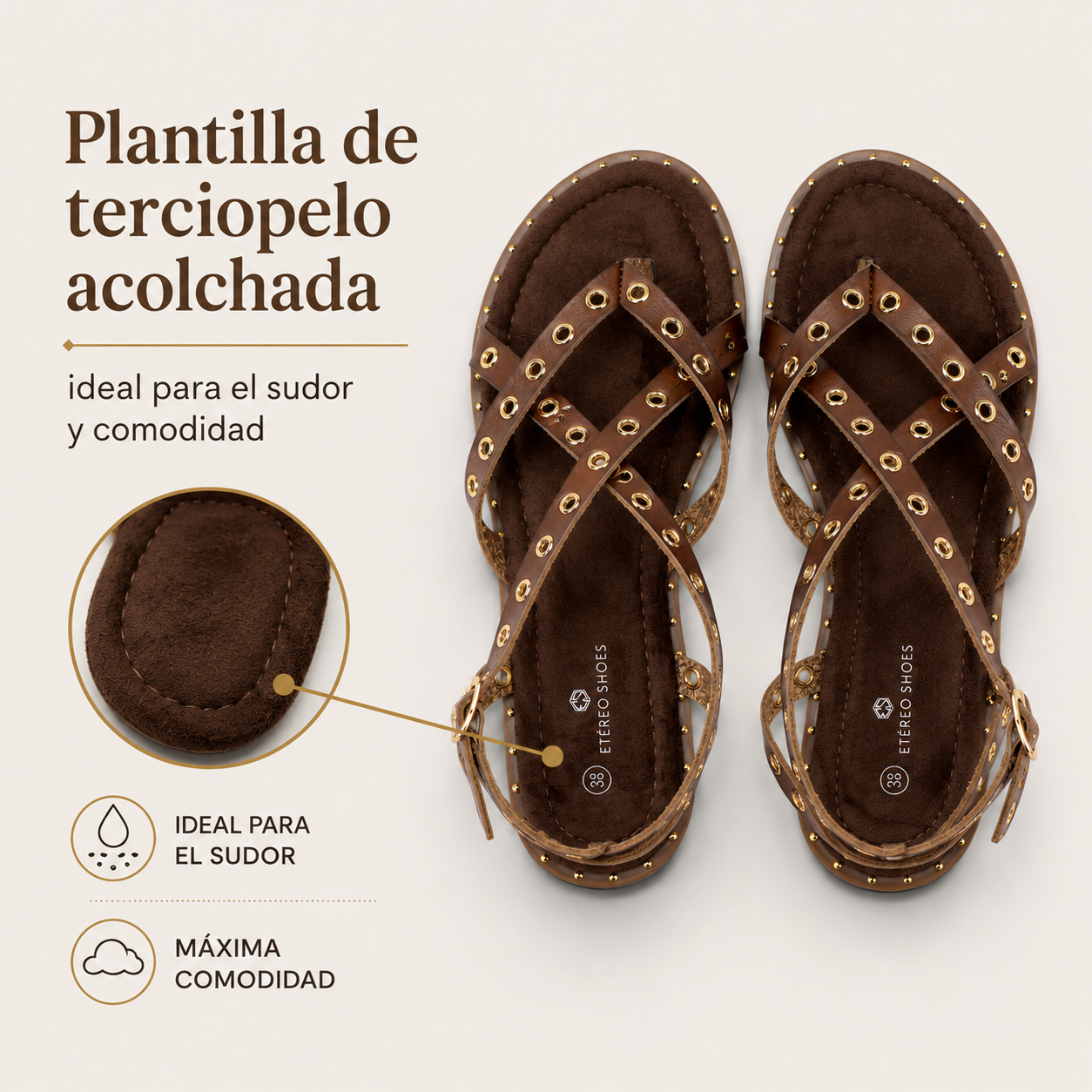 Sandalias Romanas con Tachuelas - Suela flexible y plantilla acolchada - Tachuelas doradas y tiras cruzadas para mujer, estilo casual elegante para verano, ideales para combinar con vestidos largos, faldas boho y looks de vacaciones