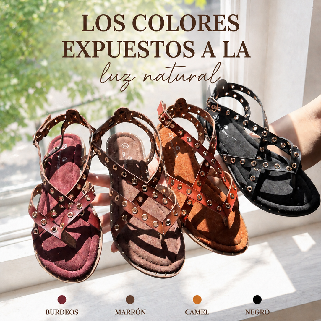 Sandalias Romanas con Tachuelas - Suela flexible y plantilla acolchada - Tachuelas doradas y tiras cruzadas para mujer, estilo casual elegante para verano, ideales para combinar con vestidos largos, faldas boho y looks de vacaciones