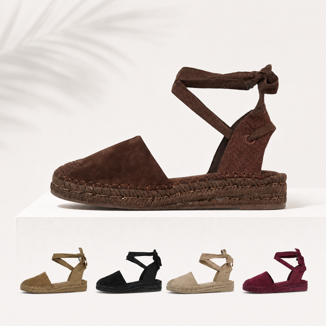 Alpargatas Planas con Cinta de Gamuza sintética Efecto ante suave, las cintas al tobillo y acabado efecto esparto en color negro, beige y marrón chocolate, estilo mediterráneo para verano, vacaciones y looks con vestidos, lino o jeans