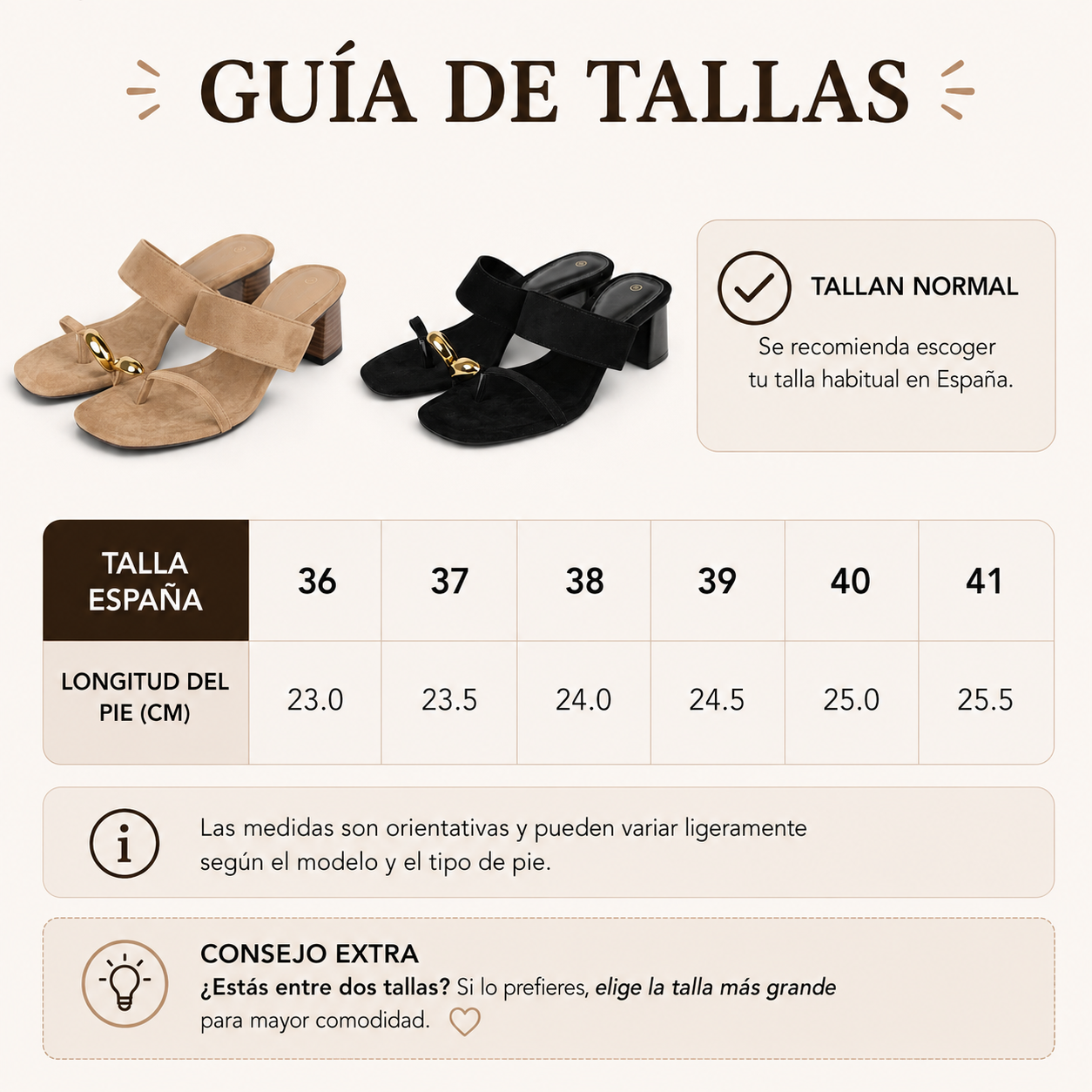 Sandalias Anillo de Tacón Medio Minimalista, Sandalias efecto ante con detalle metálico dorado y dedo separado, mules elegantes y cómodas para mujer en color negro y beige camel, ideales para looks casual chic, oficina y eventos de verano