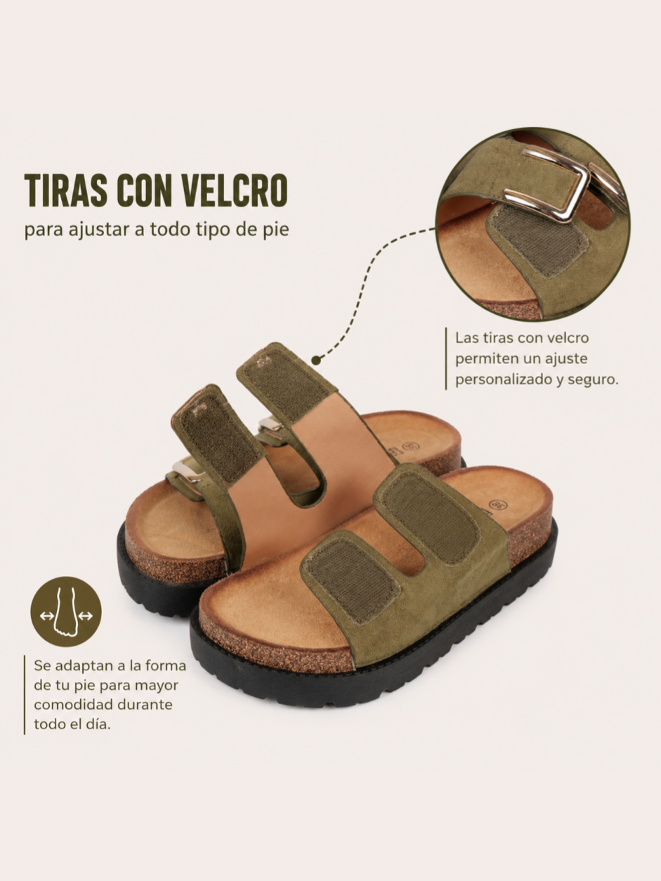 Sandalias Bio con Plataforma y Doble Hebilla de Velcro, Hebilla con Tachuales, Tira Ancha de Crochet Floral