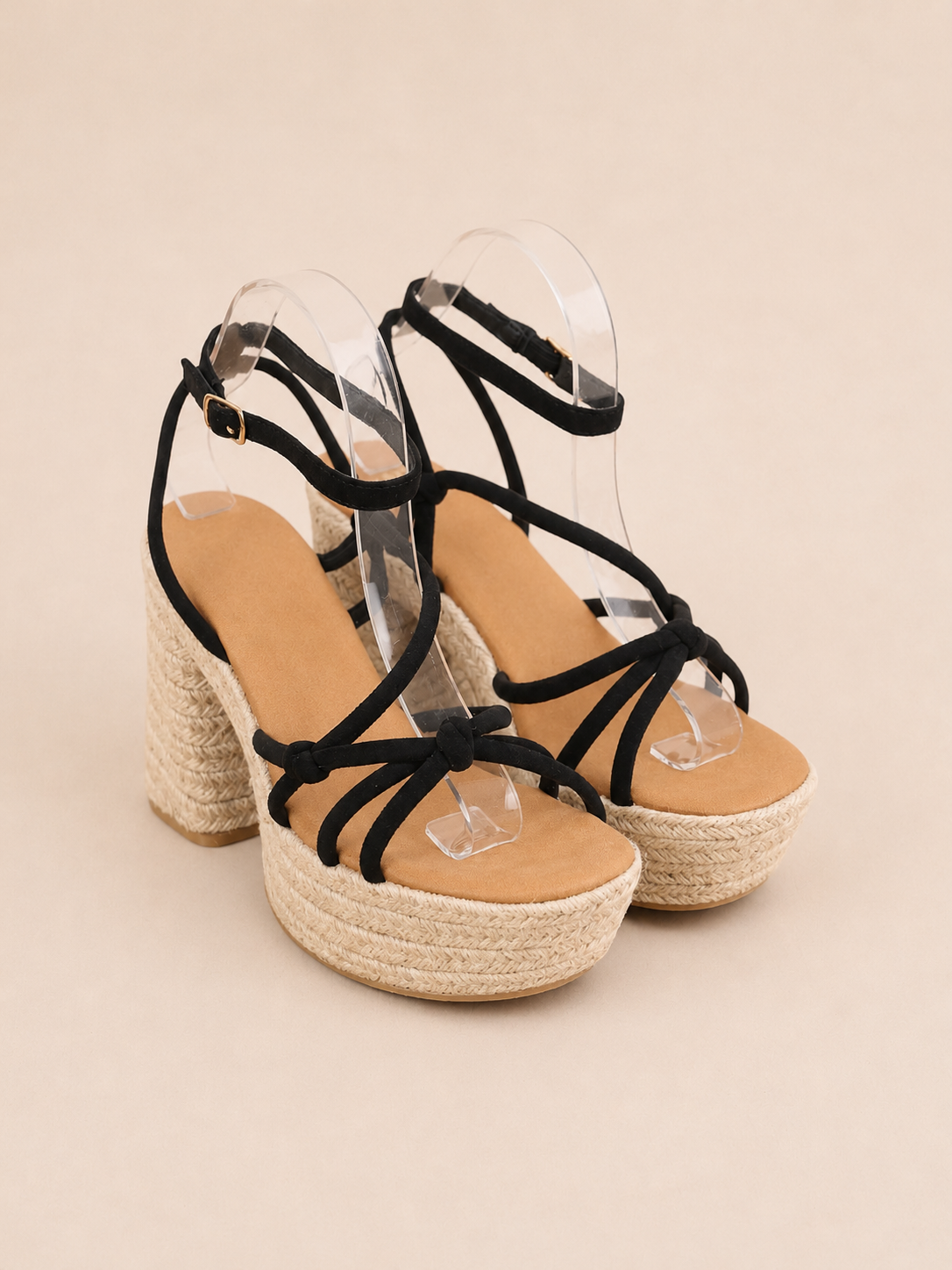Sandalias de plataforma con tacón de yute y tiras finas anudadas en efecto ante negra y camel, sandalias elegantes estilo boho para verano, vacaciones, cenas y eventos, ideales para combinar con vestidos largos, lino y looks mediterráneos