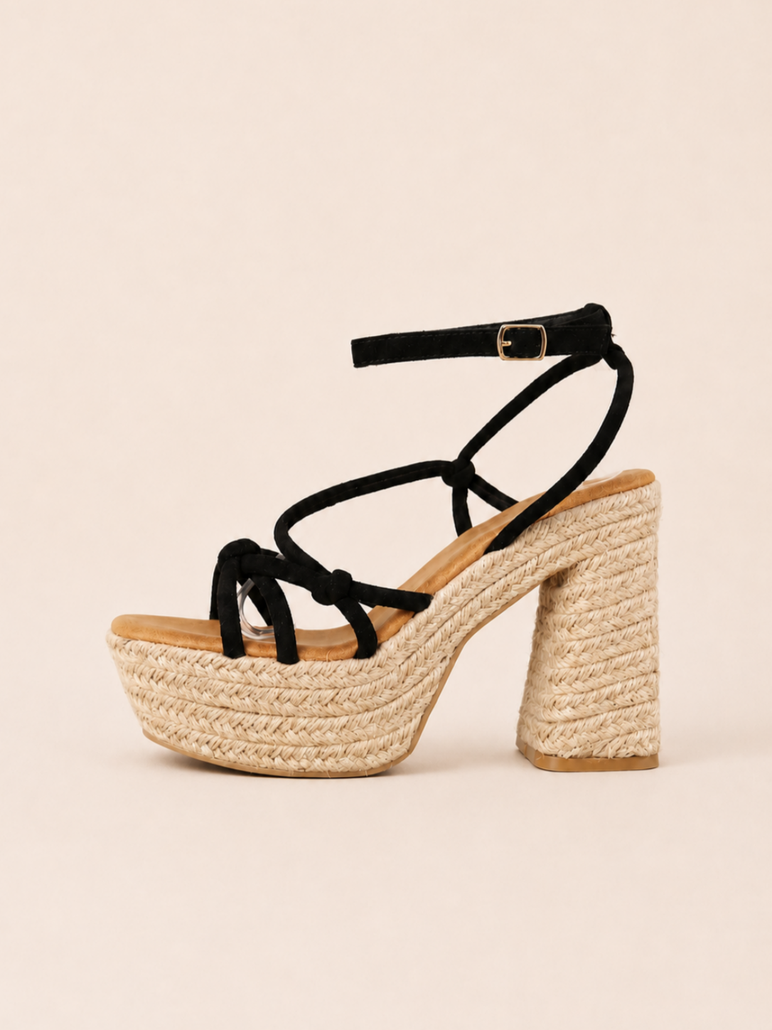 Sandalias de plataforma con tacón de yute y tiras finas anudadas en efecto ante negra y camel, sandalias elegantes estilo boho para verano, vacaciones, cenas y eventos, ideales para combinar con vestidos largos, lino y looks mediterráneos
