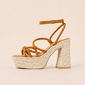 Sandalias de plataforma con tacón de yute y tiras finas anudadas en efecto ante negra y camel, sandalias elegantes estilo boho para verano, vacaciones, cenas y eventos, ideales para combinar con vestidos largos, lino y looks mediterráneos